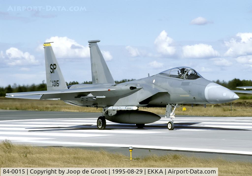 84-0015, 1984 McDonnell Douglas F-15C Eagle C/N 0925/C318, 53 FS/52 FW. Taking pictures with 50 mm of an aircraft taking off full afterburner was a scaring experience. Is was definitely too close for comfort!