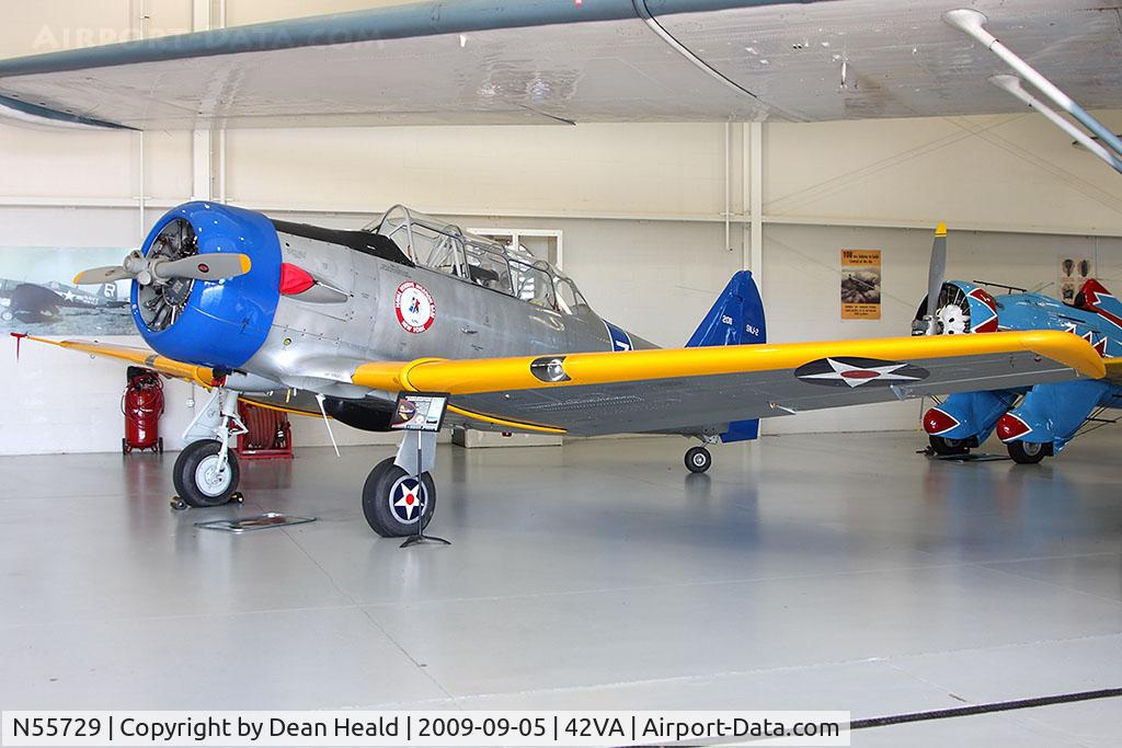 N55729, 1940 North American SNJ-2 Texan C/N 2011, 1940 North American SNJ-2 N55729 on display at the Military Aviation Museum in Virginia Beach, VA.