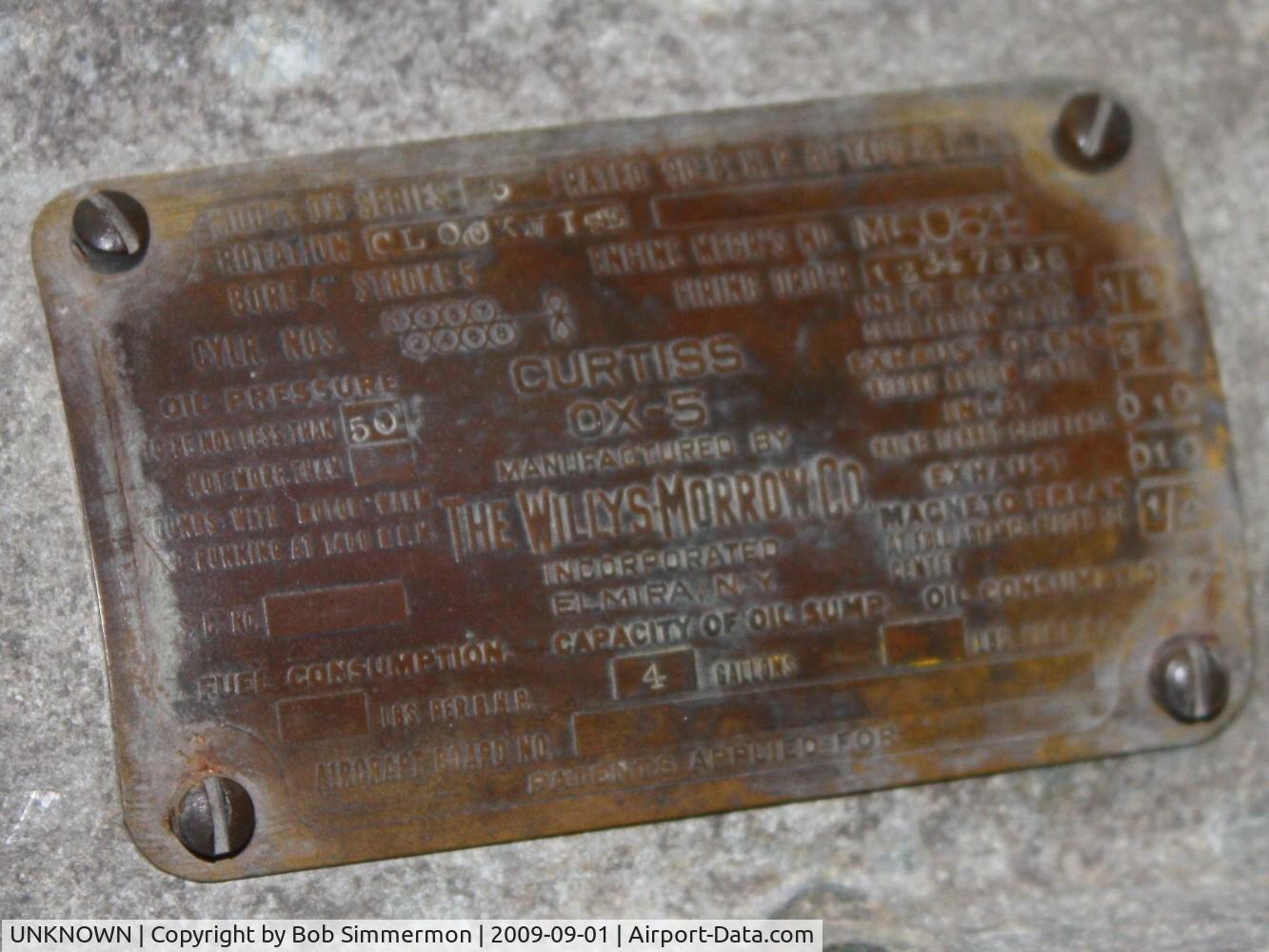 UNKNOWN, Miscellaneous Various C/N unknown, OX5 data plate.  Engine on display at House on the Rock - Dodgeville, Wisconsin