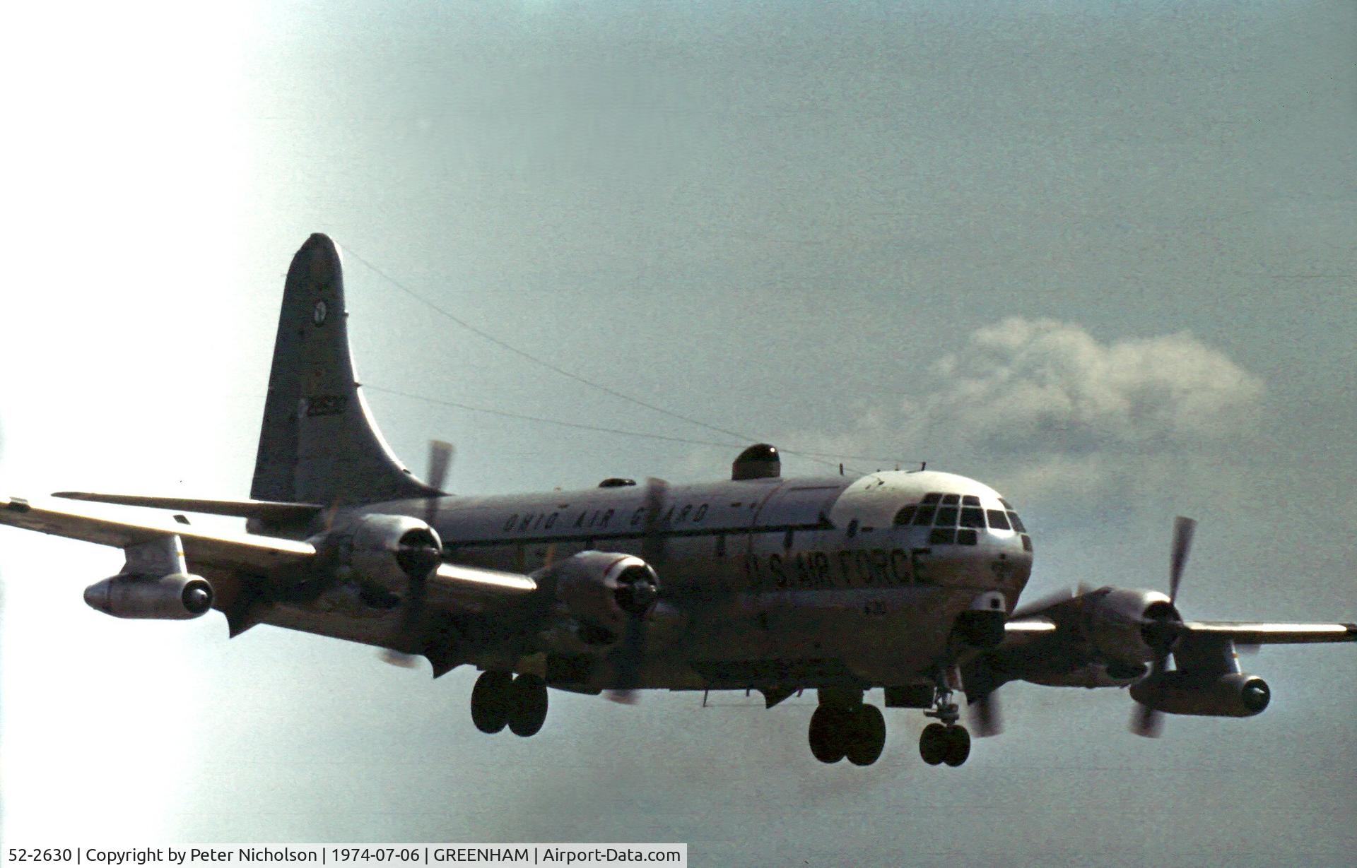 52-2630, 1952 Boeing KC-97L Stratofreighter C/N 16661, KC-97L Stratofreighter of 145th Air Refuelling Squadron/160th Air Refuelling Wing of the Ohio ANG at the 1974 Intnl Air Tattoo at RAF Greenham Common.
