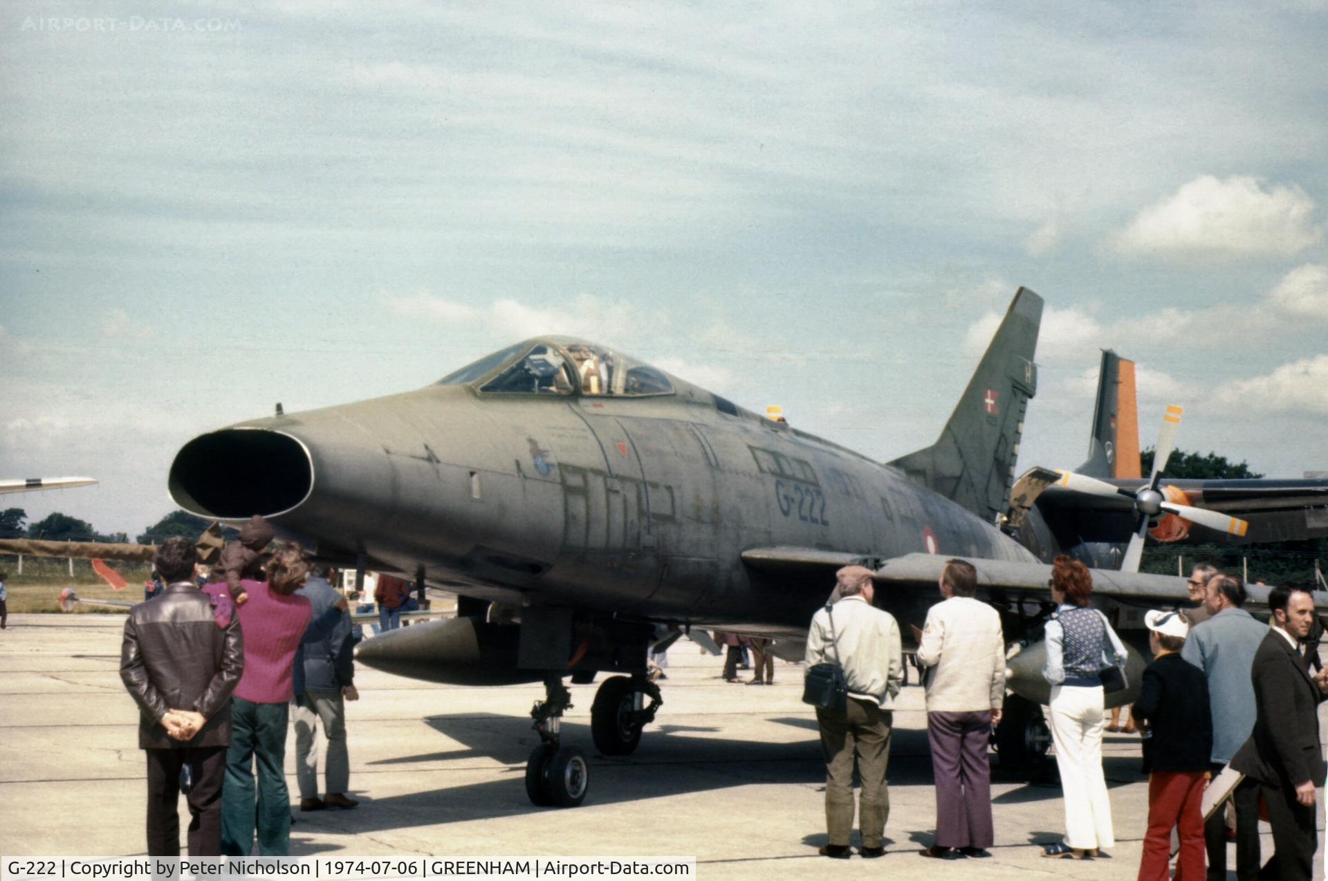 G-222, North American F-100D Super Sabre C/N 223-102, F-100D Super Sabre of Esk 727 Royal Danish Air Force at the 1974 Intnl Air Tattoo at RAF Greenham Common.