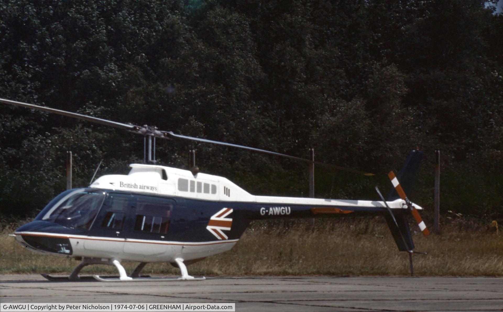G-AWGU, 1968 Agusta AB-206B JetRanger II C/N 8044, A-B 206B JetRanger II of British Airways Helicopters at the 1974 Intnl Air Tattoo at RAF Greenham Common.