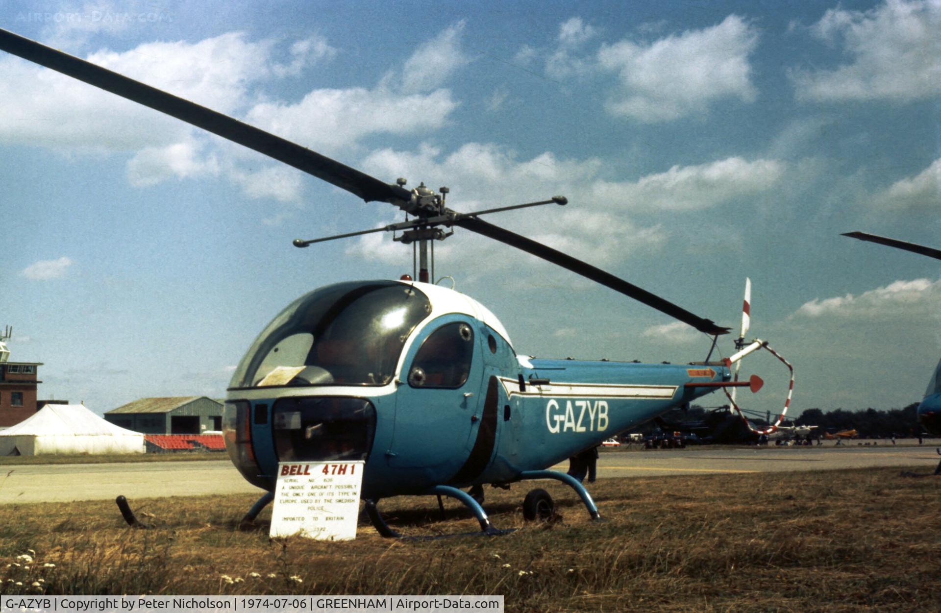 G-AZYB, 1956 Bell 47H-1 C/N 1538, Bell 47H later to be come a museum exhibit was present at the 1974 Intnl Air Tattoo at RAF Greenham Common.