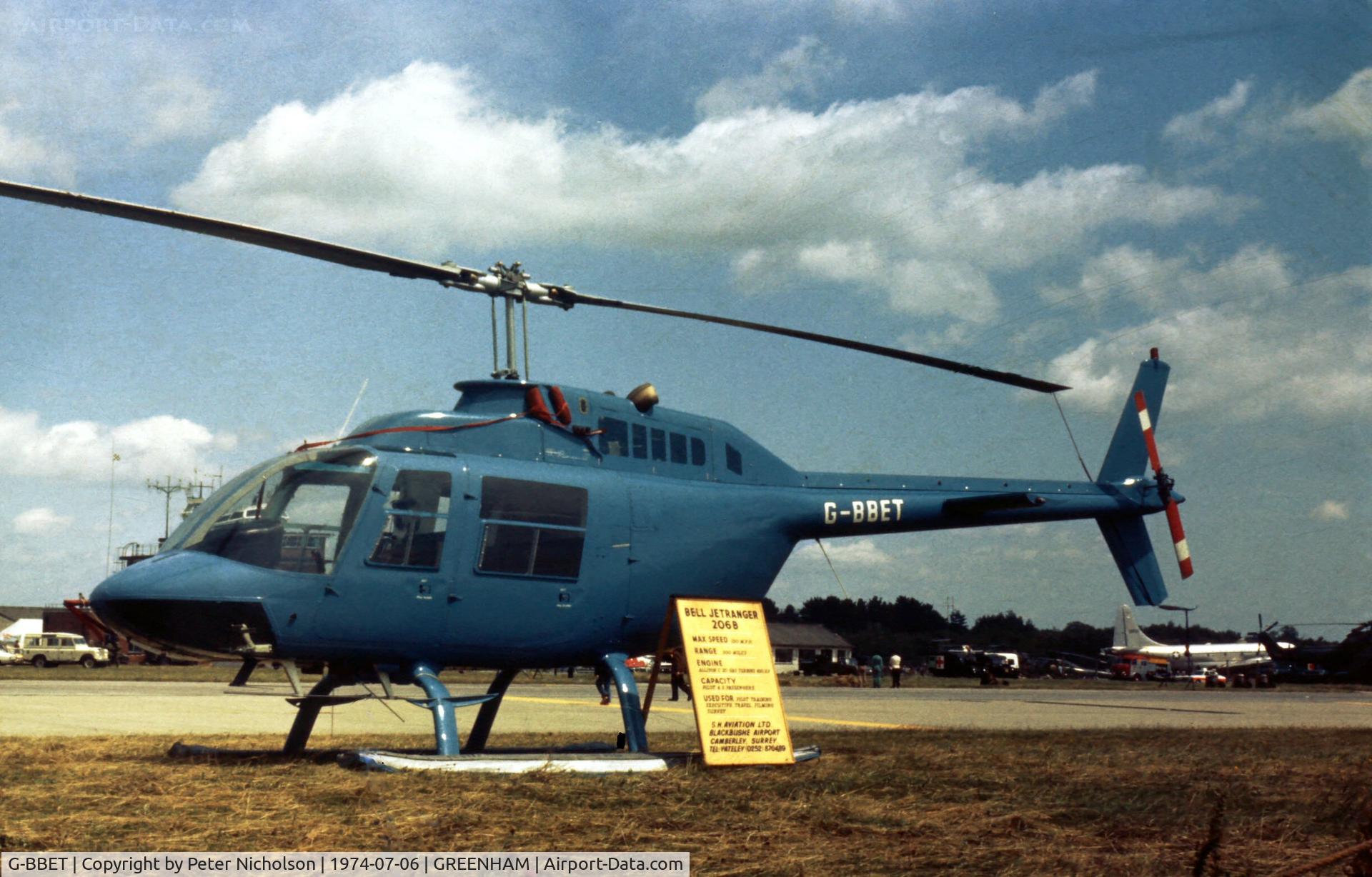 G-BBET, 1973 Bell 206B JetRanger II C/N 1102, Bell 206B JetRanger at the 1974 Intnl Air Tattoo at RAF Greenham Common.