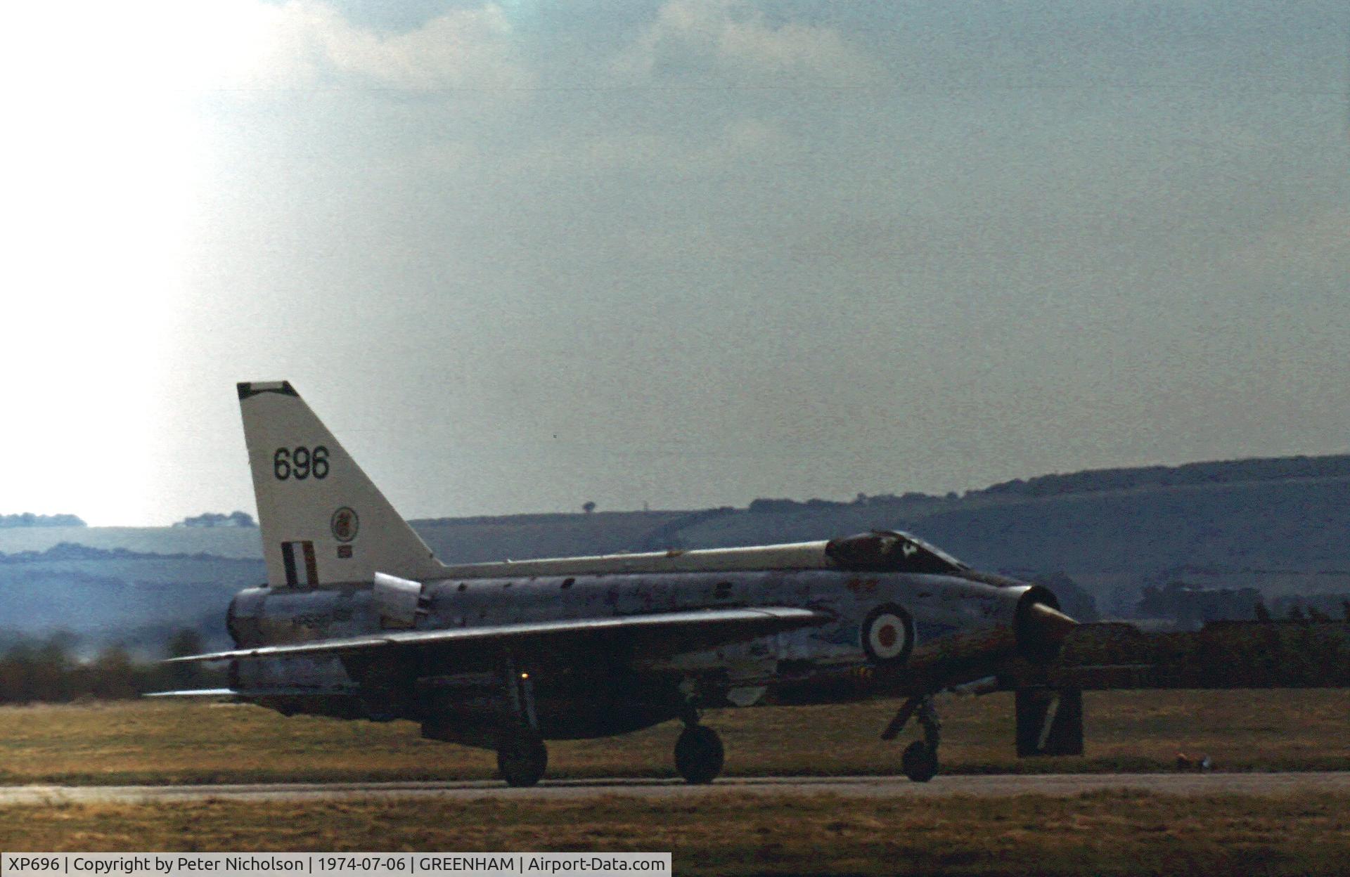 XP696, 1963 English Electric Lightning F.3 C/N 95120, Lightning F.3 of 226 Operational Conversion Unit on display at the 1974 Intnl Air Tattoo at RAF Greenham Common.