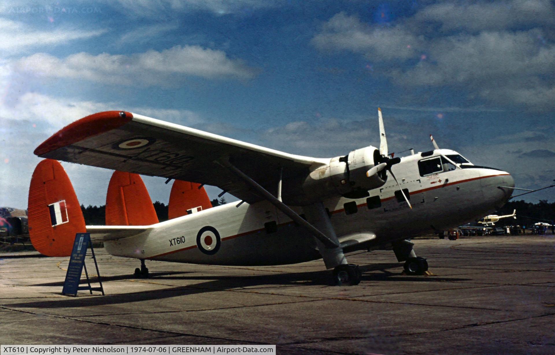 XT610, 1959 Scottish Aviation Twin Pioneer CC.2 C/N 561, Twin Pioneer CC.2 of the Empire Test Pilots School on display at the 1974 Intnl Air Tattoo at RAF Greenham Common.
