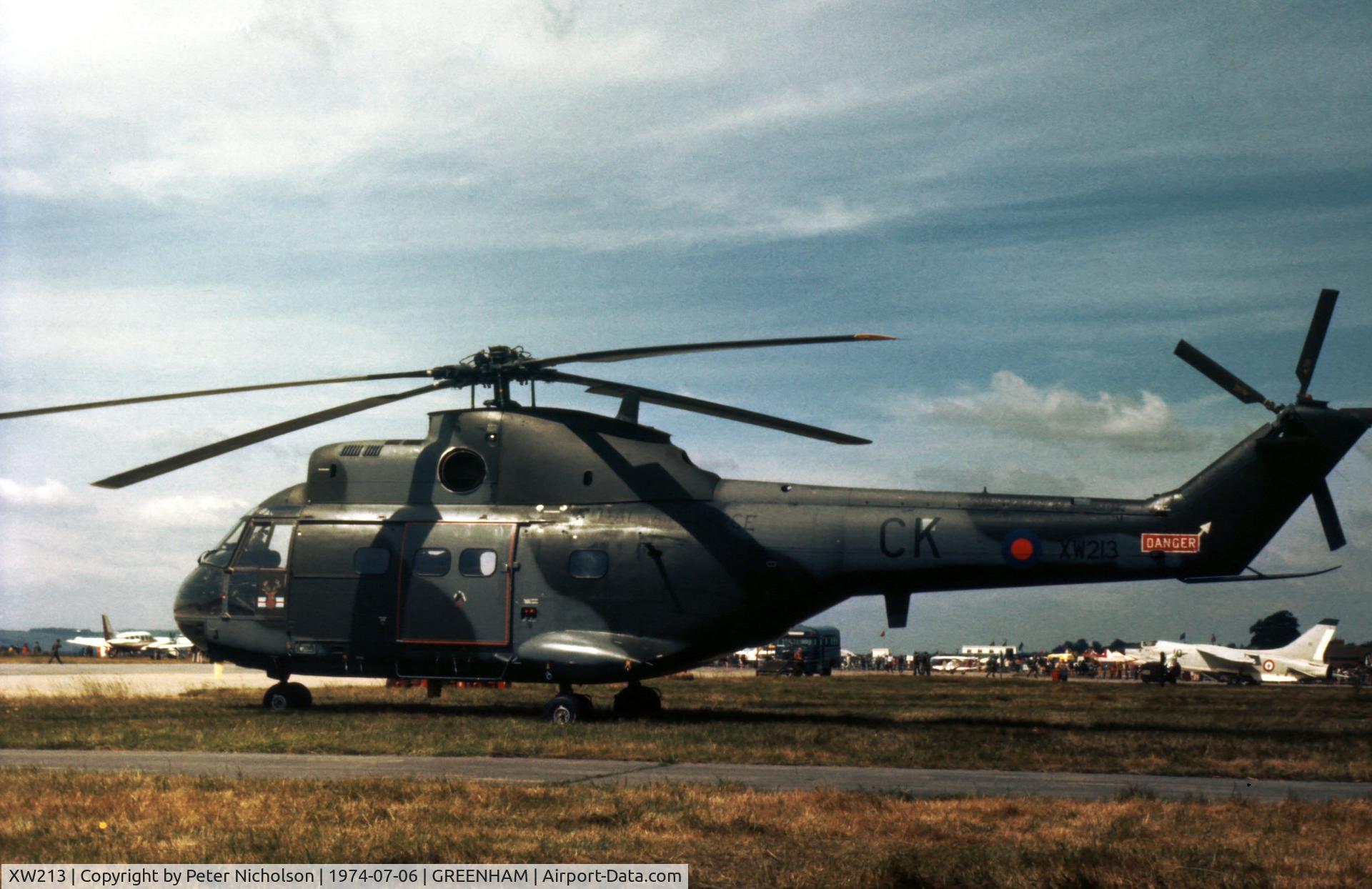 XW213, 1971 Westland Puma HC.1 C/N 1116, Puma HC.1 of 33 Squadron on display at the 1974 Intnl Air Tattoo at RAF Greenham Common.