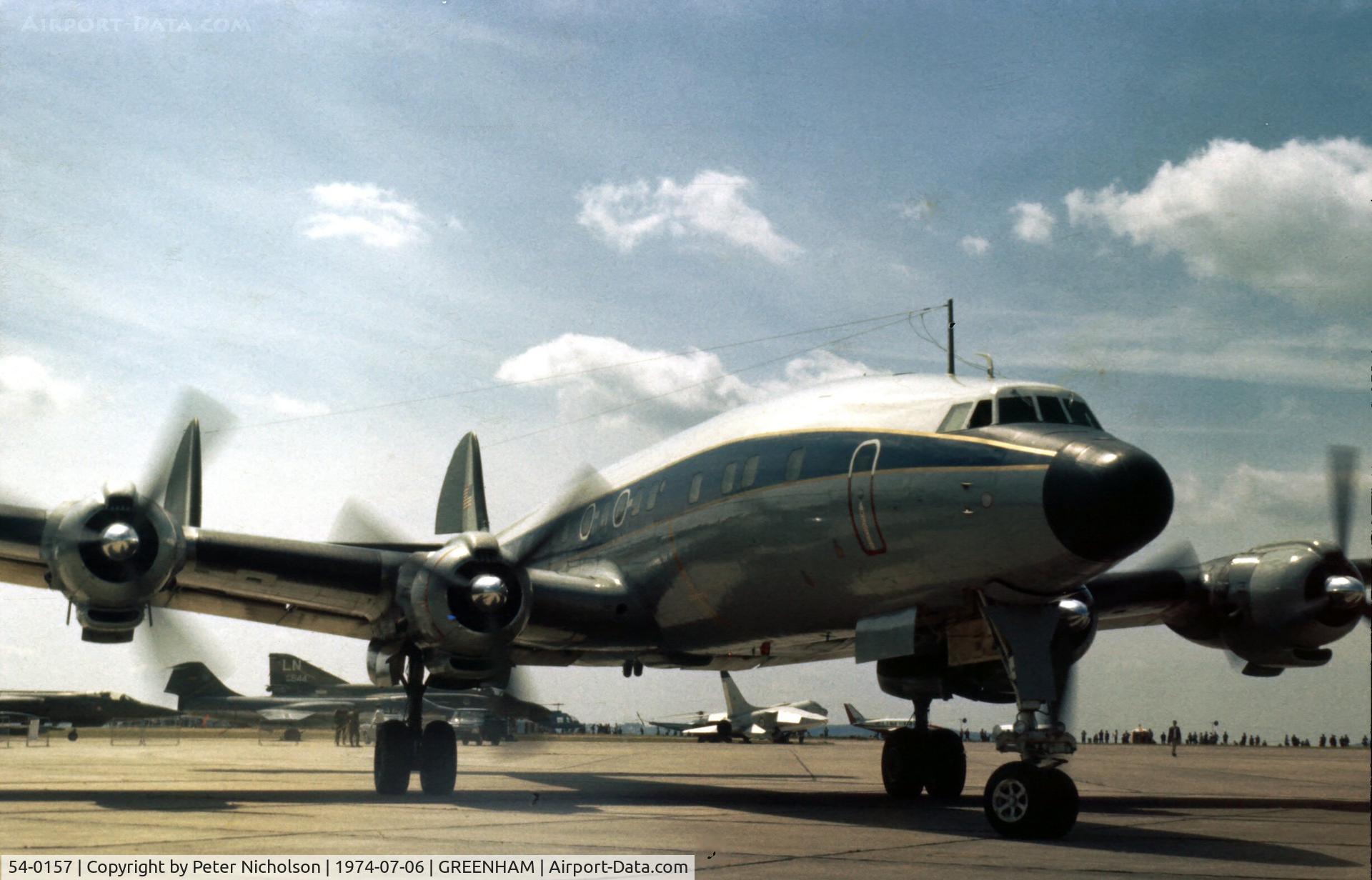 54-0157, 1955 Lockheed L-1049F Super Constellation C/N 4176, Another view of the C-121C, callsign Runt 05, of Pennsylvanian ANG's 193rd Tactical Electronic Warfare Squadron on display at the 1974 Intnl Air Tattoo at RAF Greenham Common.