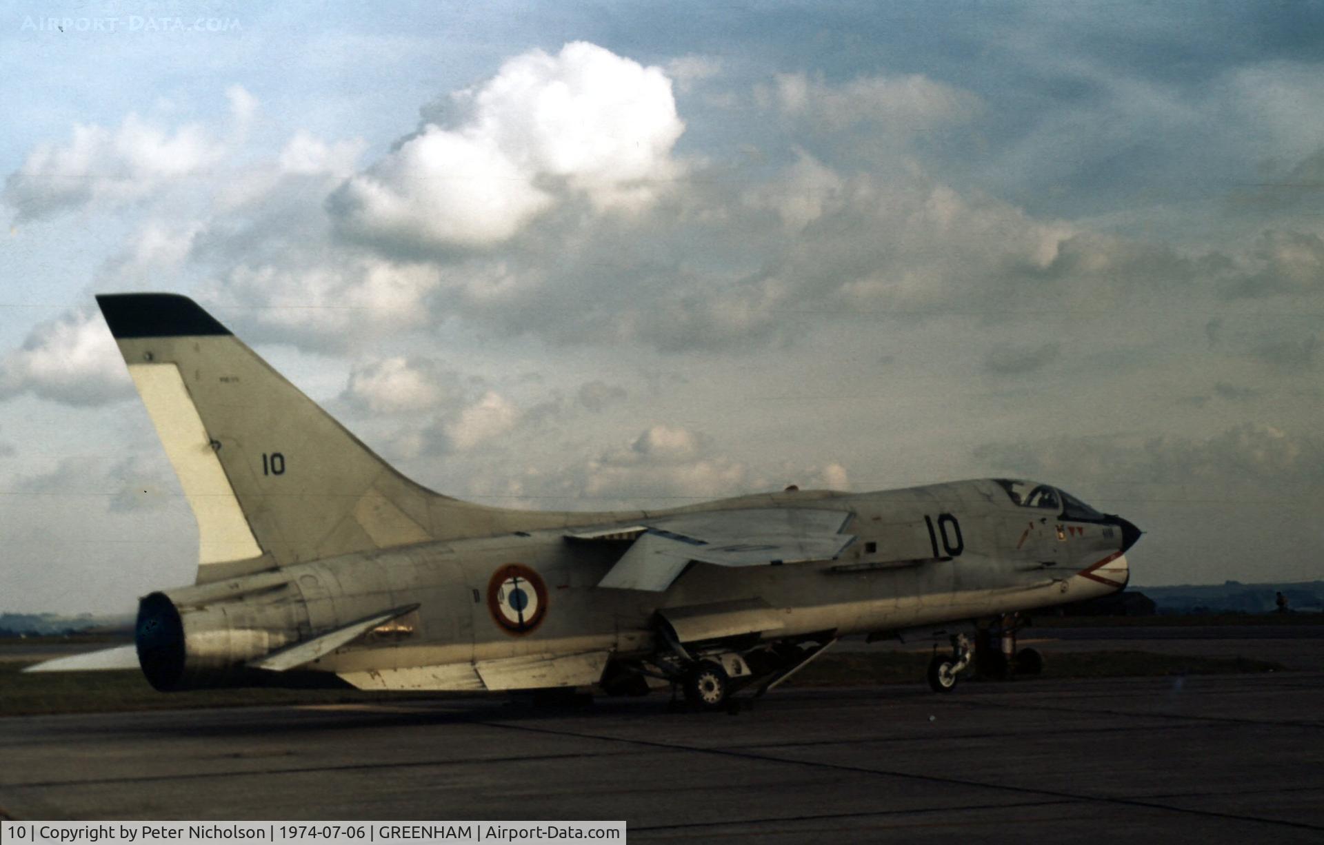 10, Vought F-8E(FN) Crusader C/N 1227, F-8E(FN) Crusader of 14 Flotille French Aeronavale at the 1974 Intnl Air Tattoo at RAF Greenham Common.