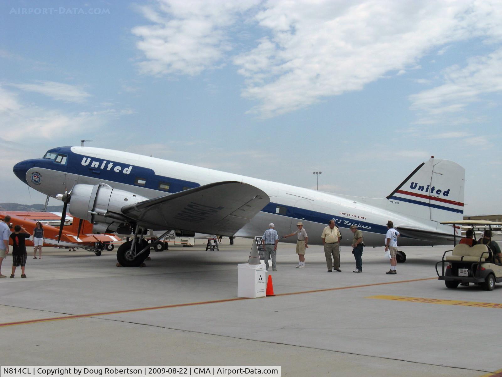 N814CL, 1945 Douglas DC-3C (C-47B-50-DK) C/N 34370, 1945 Douglas DC-3C, two P&W 1830-92 14 cylinder radials 1,200 Hp each. Clay Lacy's DC-3 in livery of United Airlines 'Mainliner O'Connor', Clay in yellow shirt.
