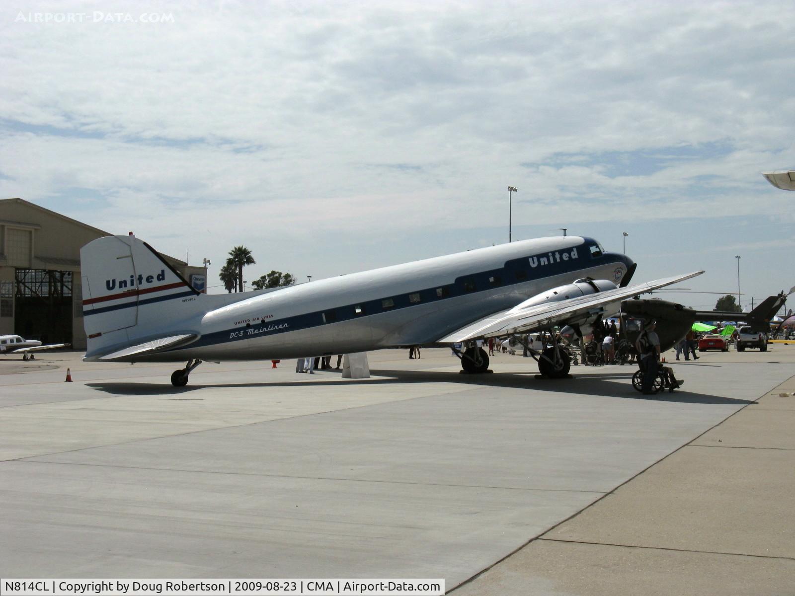 N814CL, 1945 Douglas DC-3C (C-47B-50-DK) C/N 34370, 1945 Douglas DC-3C, two P&W 1830-92 14 cylinder radials 1,200 Hp each. Clay Lacy's DC-3 in livery of United Airlines 'Mainliner O'Connor'