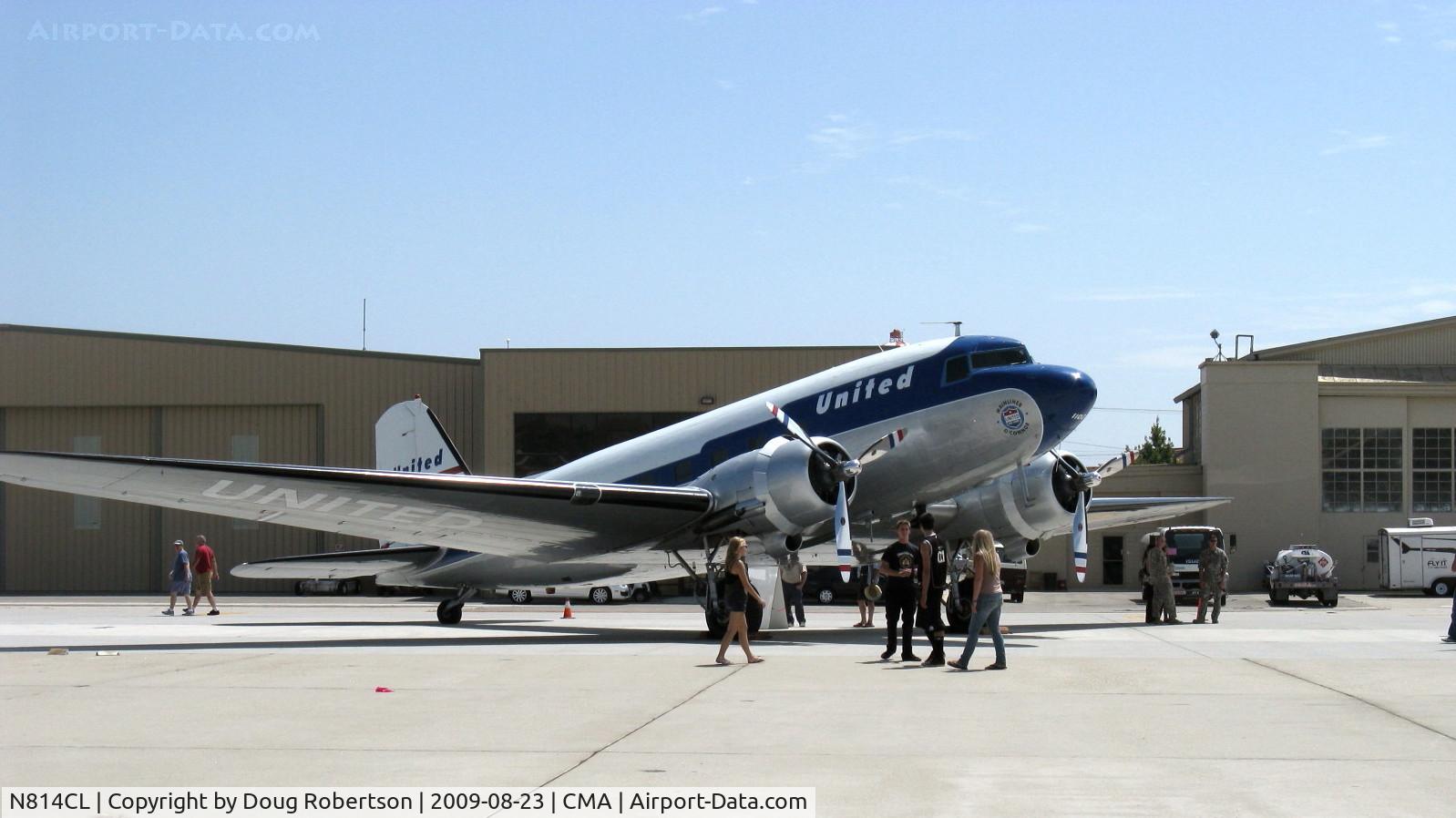 N814CL, 1945 Douglas DC-3C (C-47B-50-DK) C/N 34370, 1945 Douglas DC-3C, two P&W 1830-92 14 cylinder radials 1,200 Hp each. Clay Lacy's DC-3 in livery of United Airlines 'Mainliner O'Connor'