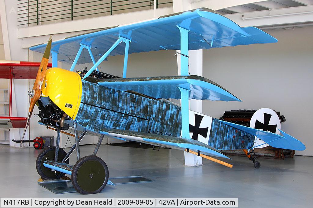 N417RB, 1990 Fokker Dr.1 Triplane Replica C/N 42118, A 1990 replica of the Fokker DR.1 built by Bill Bell and now part of the fleet at the Military Aviation Museum in Virginia Beach, VA.