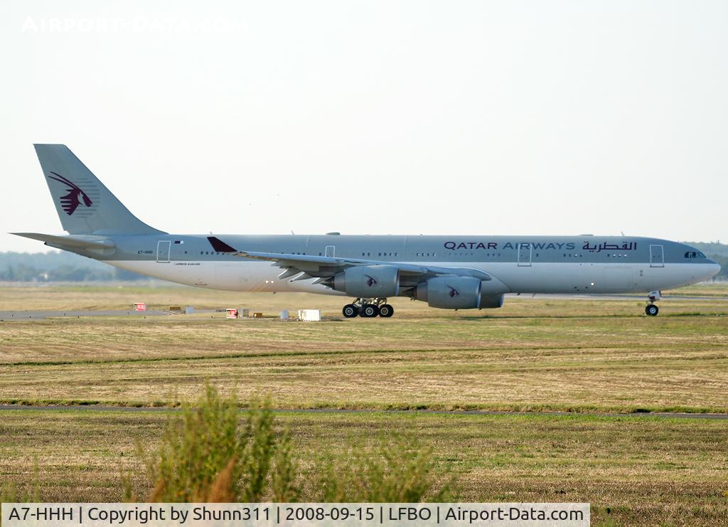 A7-HHH, 2003 Airbus A340-541 C/N 495, Ready for take off rwy 32R