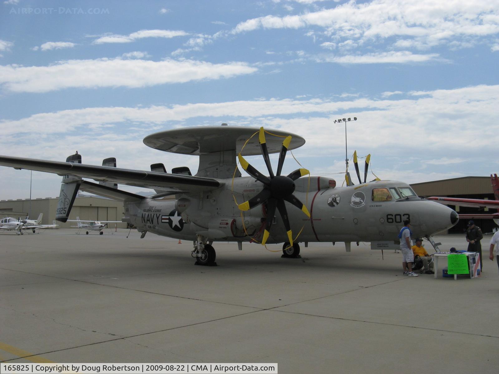 165825, Northrop Grumman E-2C Hawkeye C/N A196, Northrop Grumman E-2C HAWKEYE airborne early warning aircraft of VAW-112 GOLDEN HAWKS, two Allison T56-A-8A Turboprops 4,050 eshp each. Note huge Airborne Tactical Data System radome atop pylon-'Eyes of the Fleet'