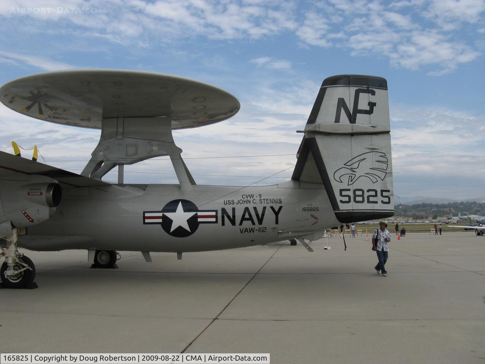 165825, Northrop Grumman E-2C Hawkeye C/N A196, Northrop Grumman E-2C HAWKEYE airborne early warning aircraft of VAW-112, two Allison T56-A-8A Turboprops 4,050 eshp each. Note huge Airborne Tactical Data System radome atop pylon-'Eyes of the Fleet', tails
