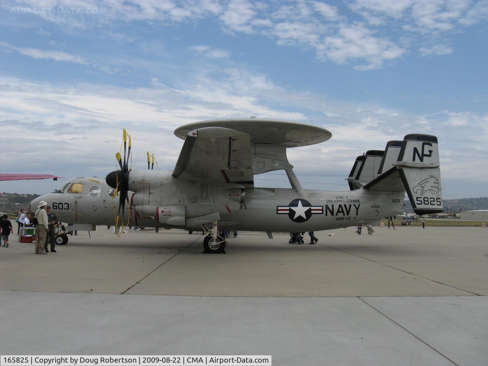 165825, Northrop Grumman E-2C Hawkeye C/N A196, Northrop Grumman E-2C HAWKEYE airborne early warning aircraft of VAW-112 GOLDEN HAWKS, two Allison T56-A-8A Turboprops 4,050 eshp each. Note huge Airborne Tactical Data System radome atop pylon-'Eyes of the Fleet'