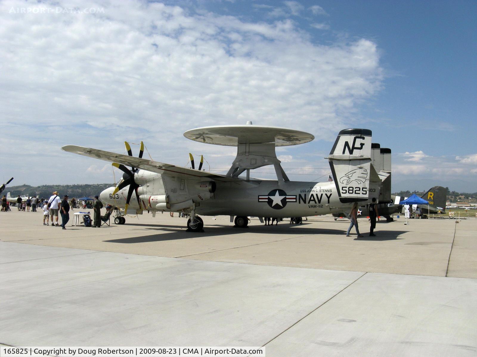 165825, Northrop Grumman E-2C Hawkeye C/N A196, Northrop Grumman E-2C HAWKEYE airborne early warning aircraft of VAW-112 GOLDEN HAWKS, two Allison T56-A-8A Turboprops 4,050 eshp each. Note huge Airborne Tactical Data System radome atop pylon-'Eyes of the Fleet'