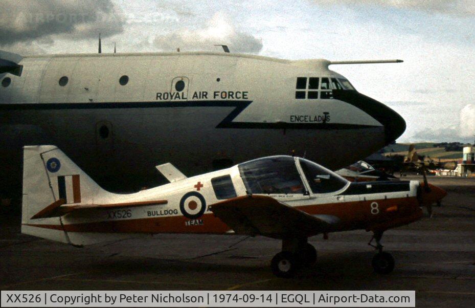 XX526, 1973 Scottish Aviation Bulldog T.1 C/N BH120/212, Bulldog T.1 of No.2 Flying Training School's Bulldogs Display Team at the 1974 RAF Leuchars Airshow.