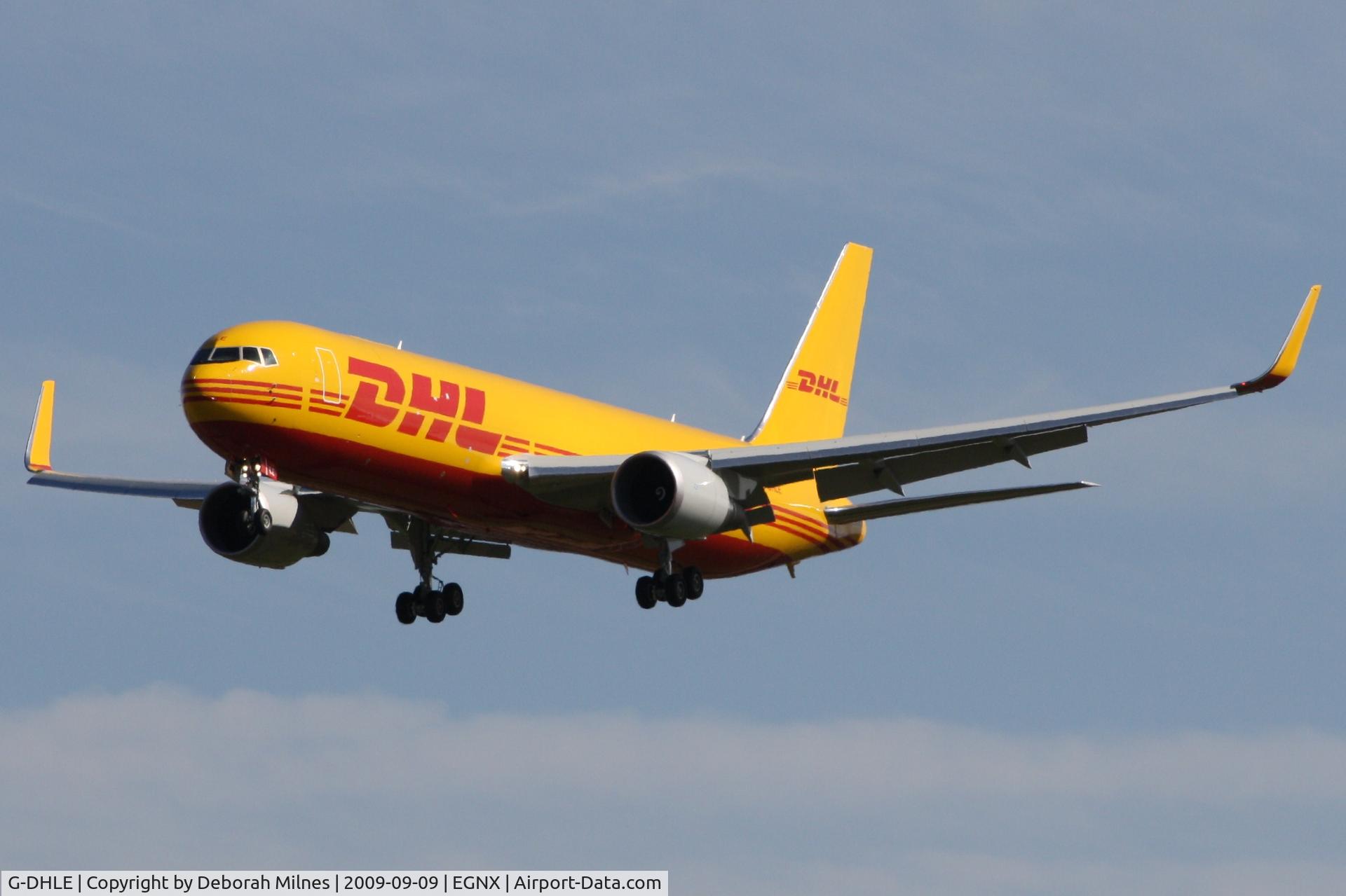 G-DHLE, 2009 Boeing 767-3JHF C/N 37805, DHL Boeing 767 G-DHLE doing training circuits at East Midlands Airport on the day it was delivered.