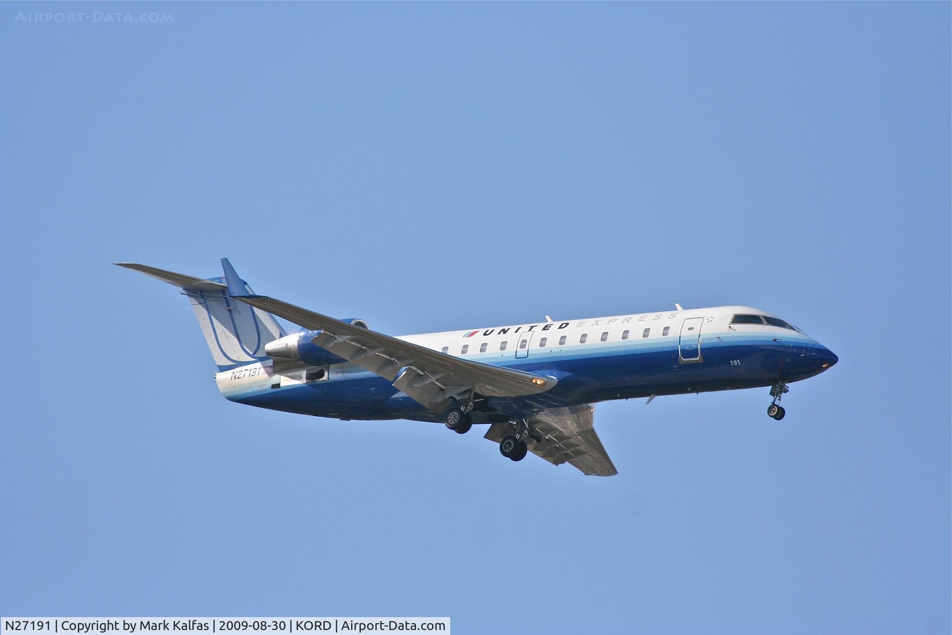 N27191, 1997 Canadair CRJ-200LR (CL-600-2B19) C/N 7191, Mesa Airlines/ United Express Canadair CL-600-2B19 Regional Jet CRJ-200LR, N27191 RWY 10 approach KORD