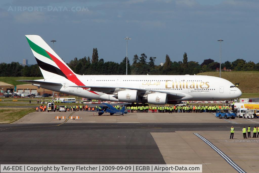 A6-EDE, 2008 Airbus A380-861 C/N 017, To celebrate the 70th Aniversary of Birmingham Airport and the opening of the new International Terminal - Emirates replaced their normal B777 with an A380 Airbus on the EK39 Service - the first A380 aircraft to land at Birmingham International
