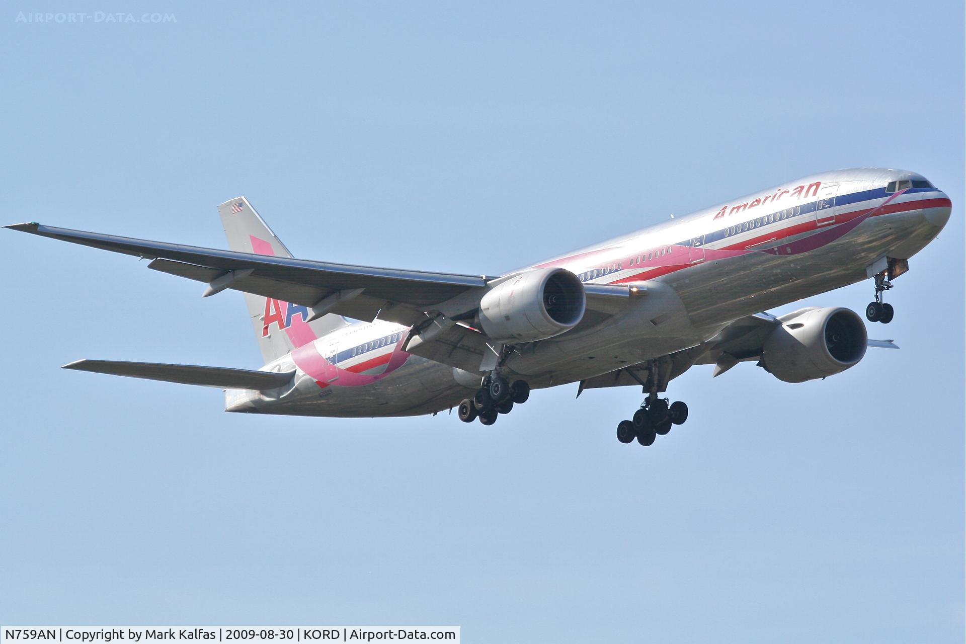 N759AN, 2001 Boeing 777-223/ER C/N 32638, American Airlines Boeing 777-223, N795AN (Susan G. Komen Cure) on final RWY 10 KORD