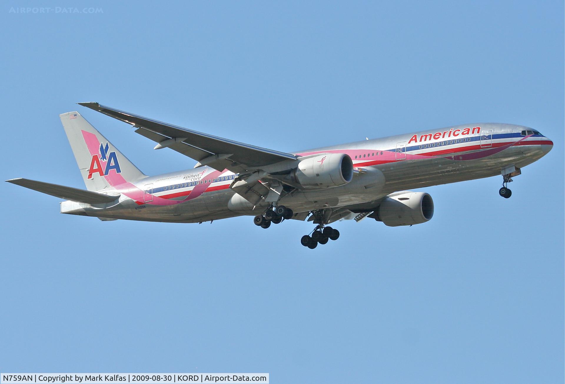 N759AN, 2001 Boeing 777-223/ER C/N 32638, American Airlines Boeing 777-223, N795AN (Susan G. Komen Cure)  on final RWY 10 KORD