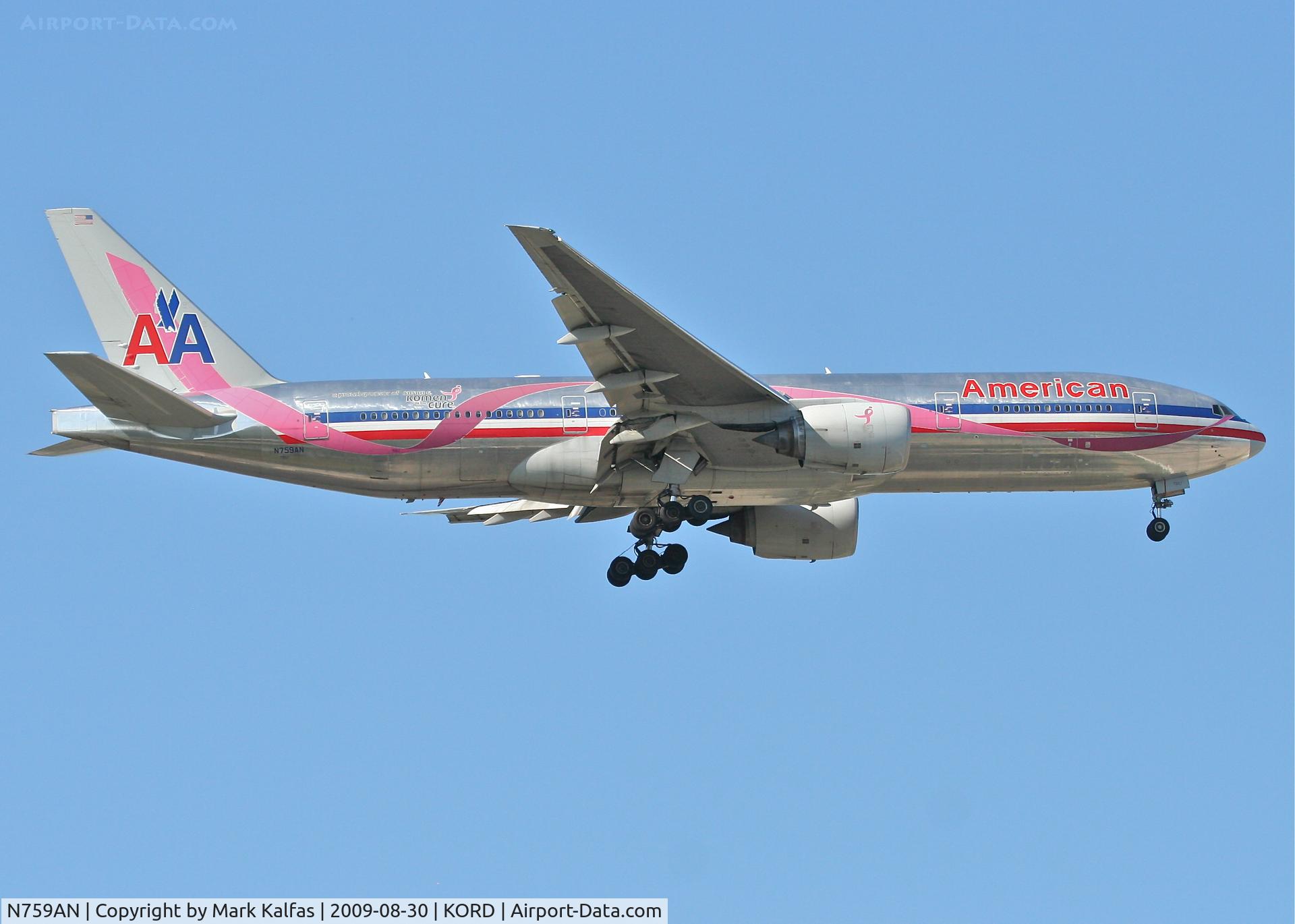 N759AN, 2001 Boeing 777-223/ER C/N 32638, American Airlines Boeing 777-223, N795AN (Susan G. Komen Cure)  on final RWY 10 KORD
