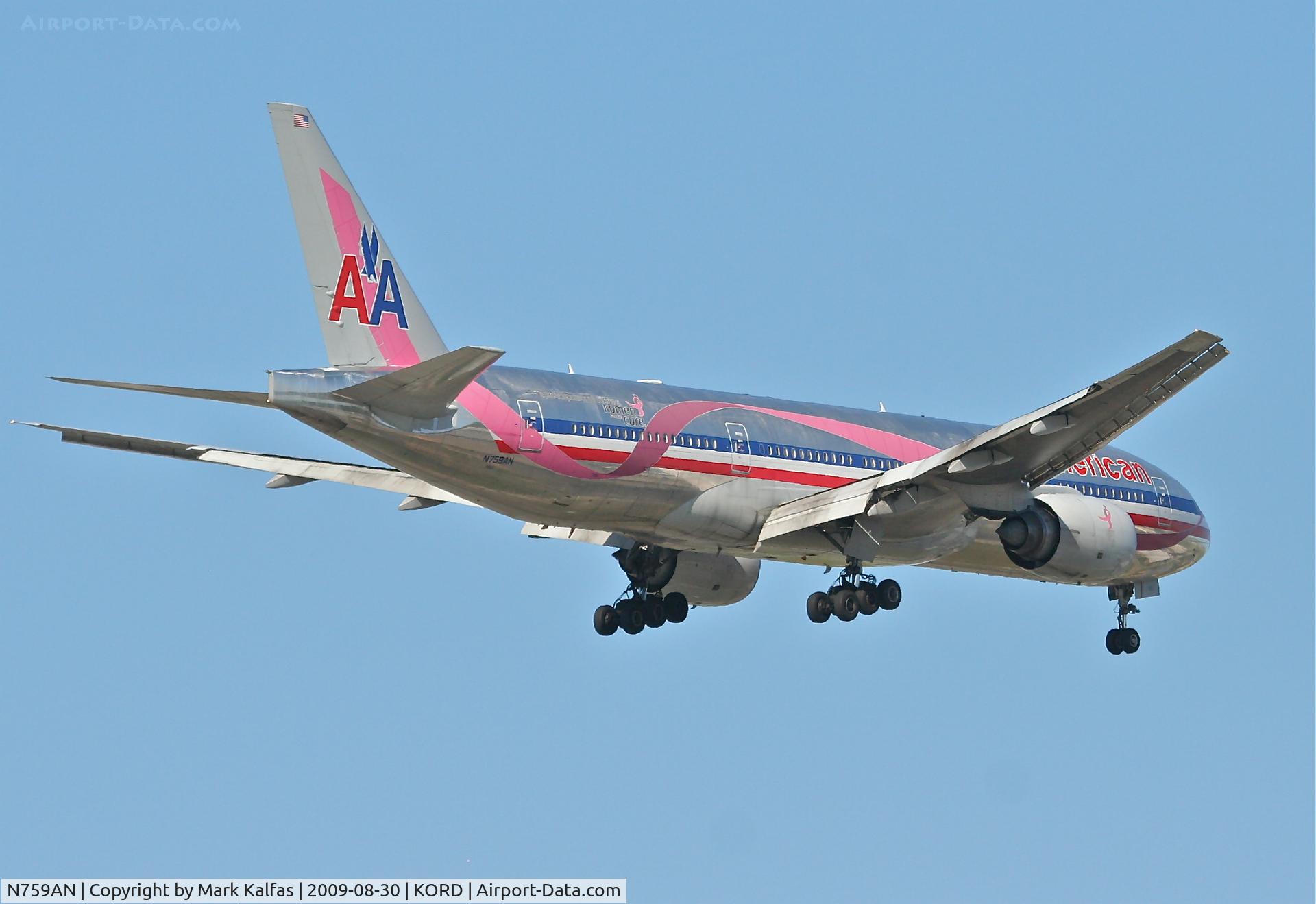 N759AN, 2001 Boeing 777-223/ER C/N 32638, American Airlines Boeing 777-223, N795AN (Susan G. Komen Cure)  on final RWY 10 KORD