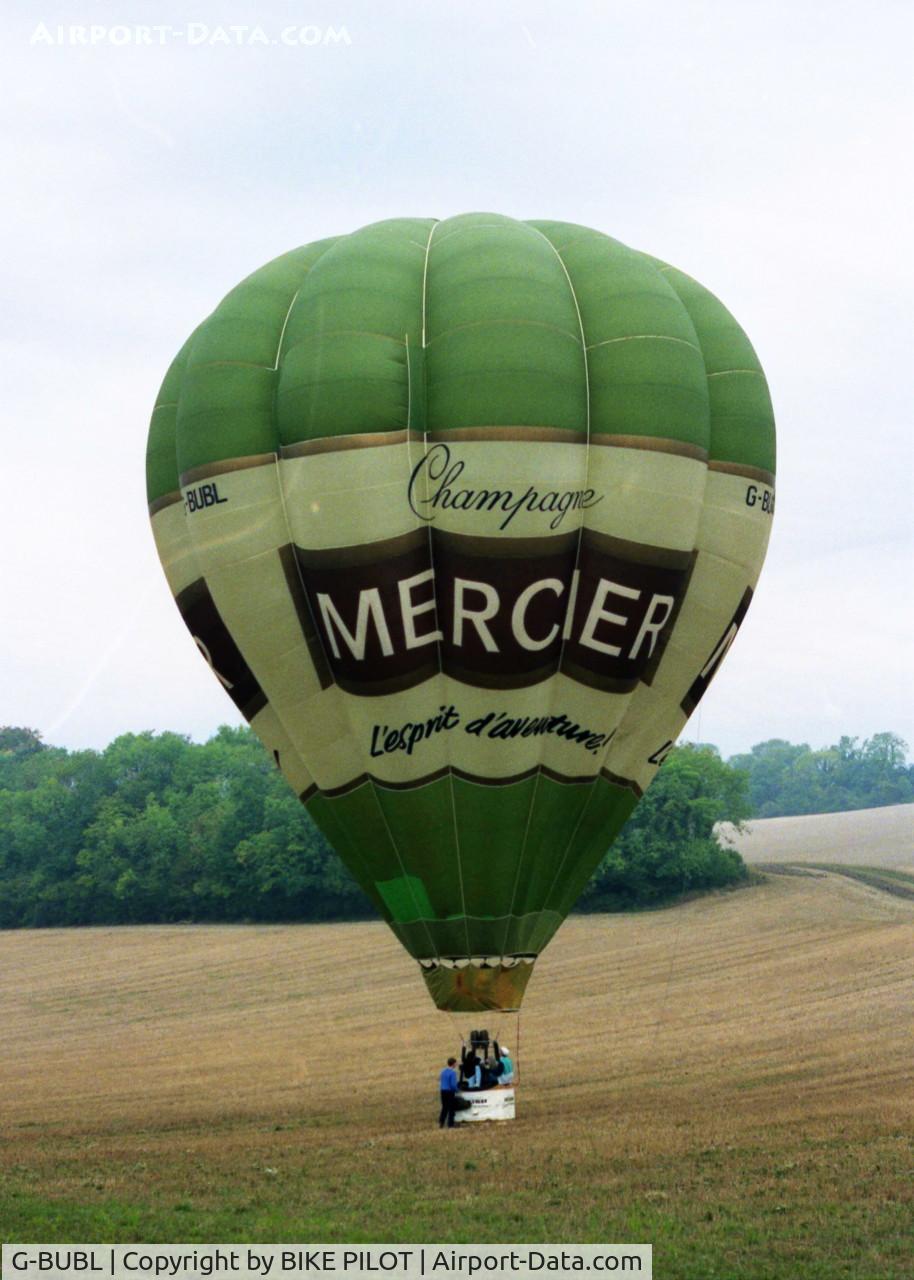 G-BUBL, 1987 Thunder And Colt Ltd THUNDER AX8-105 C/N 1147, THIS BALLOON LANDED IN A FIELD NEAR MY OLD HOME MANY YEARS AGO. OWNED BY MOET HENNESSY, WFU 1998