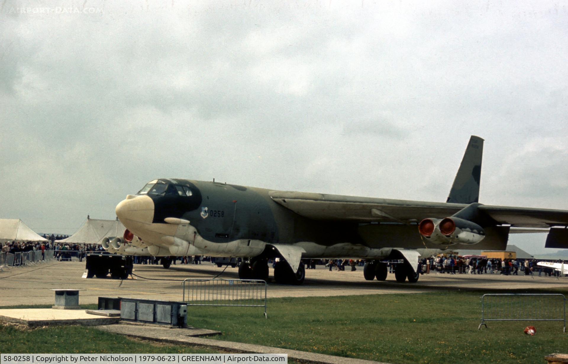 58-0258, 1958 Boeing B-52G Stratofortress C/N 464326, B-52G Stratofortress of 416th Bomb Wing on display at the 1979 Intnl Air Tattoo at RAF Greenham Common.