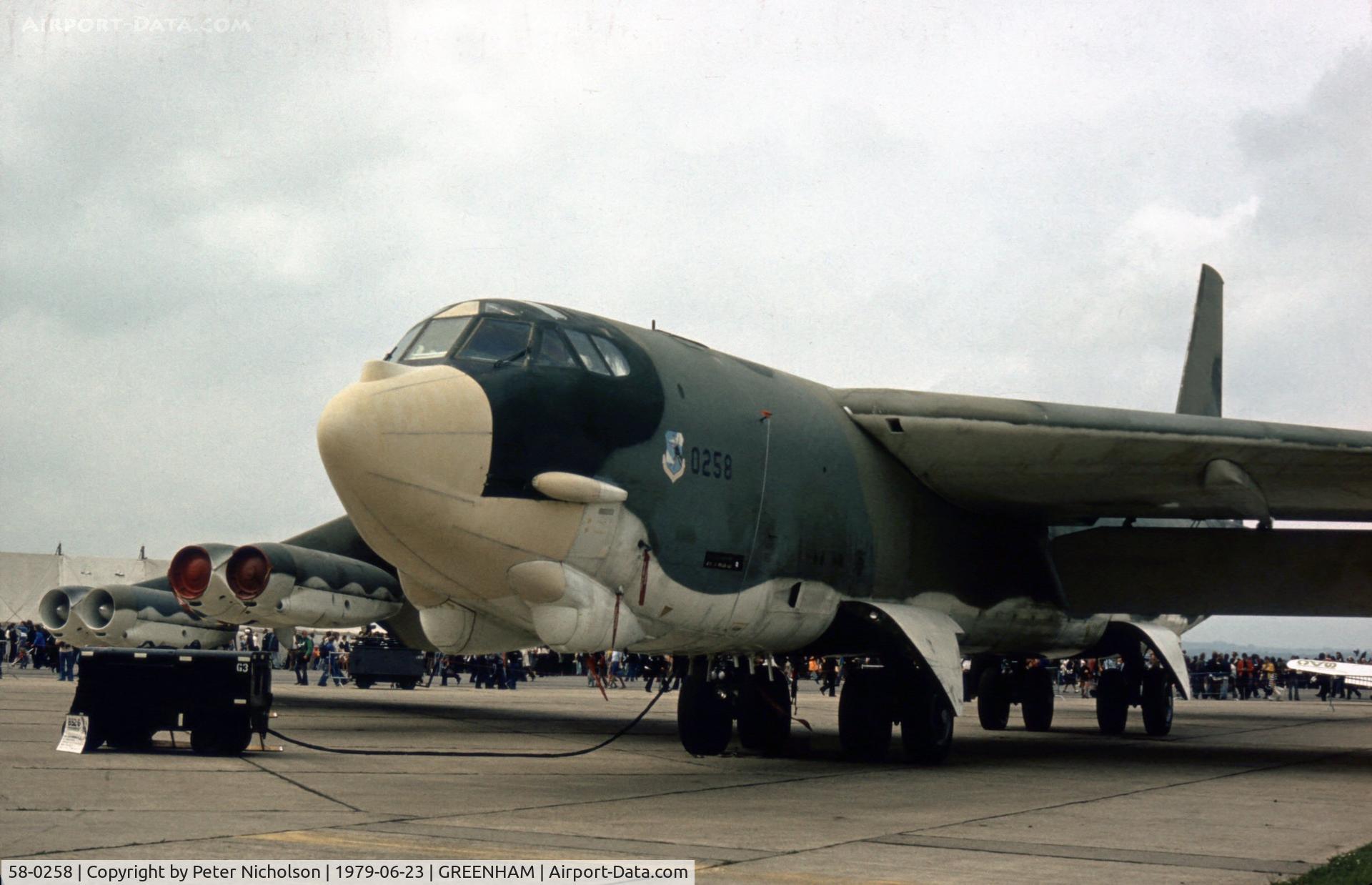 58-0258, 1958 Boeing B-52G Stratofortress C/N 464326, Another view of the 416th Bomb Wing B-52G in the static park of the 1979 Intnl Air Tattoo at RAF Greenham Common.
