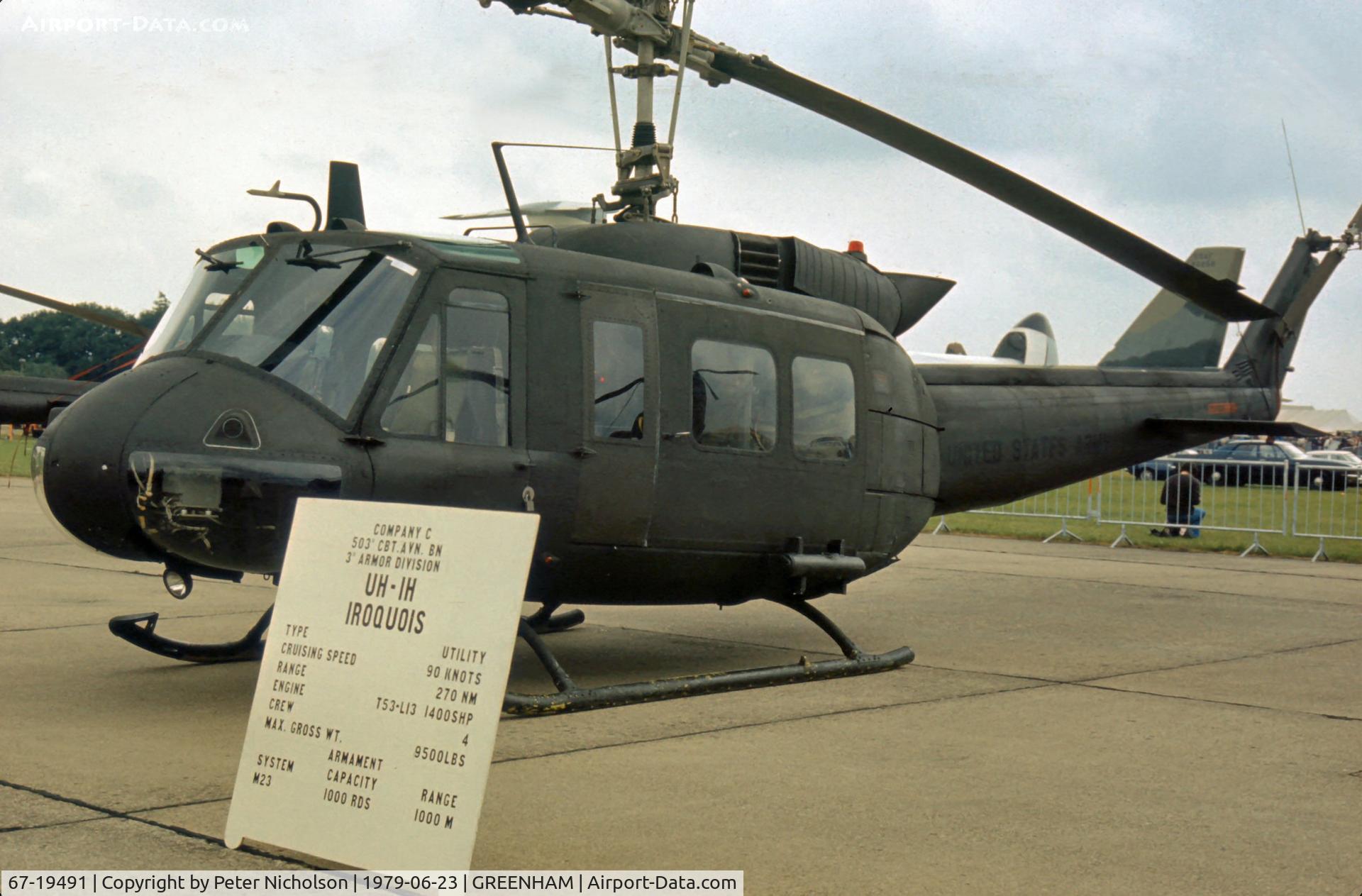 67-19491, 1967 Bell UH-1H Iroquois C/N 10097, UH-1H Iroquois of 503rd Combat Aviation Battalion at the 1979 Intnl Air Tattoo at RAF Greenham Common.