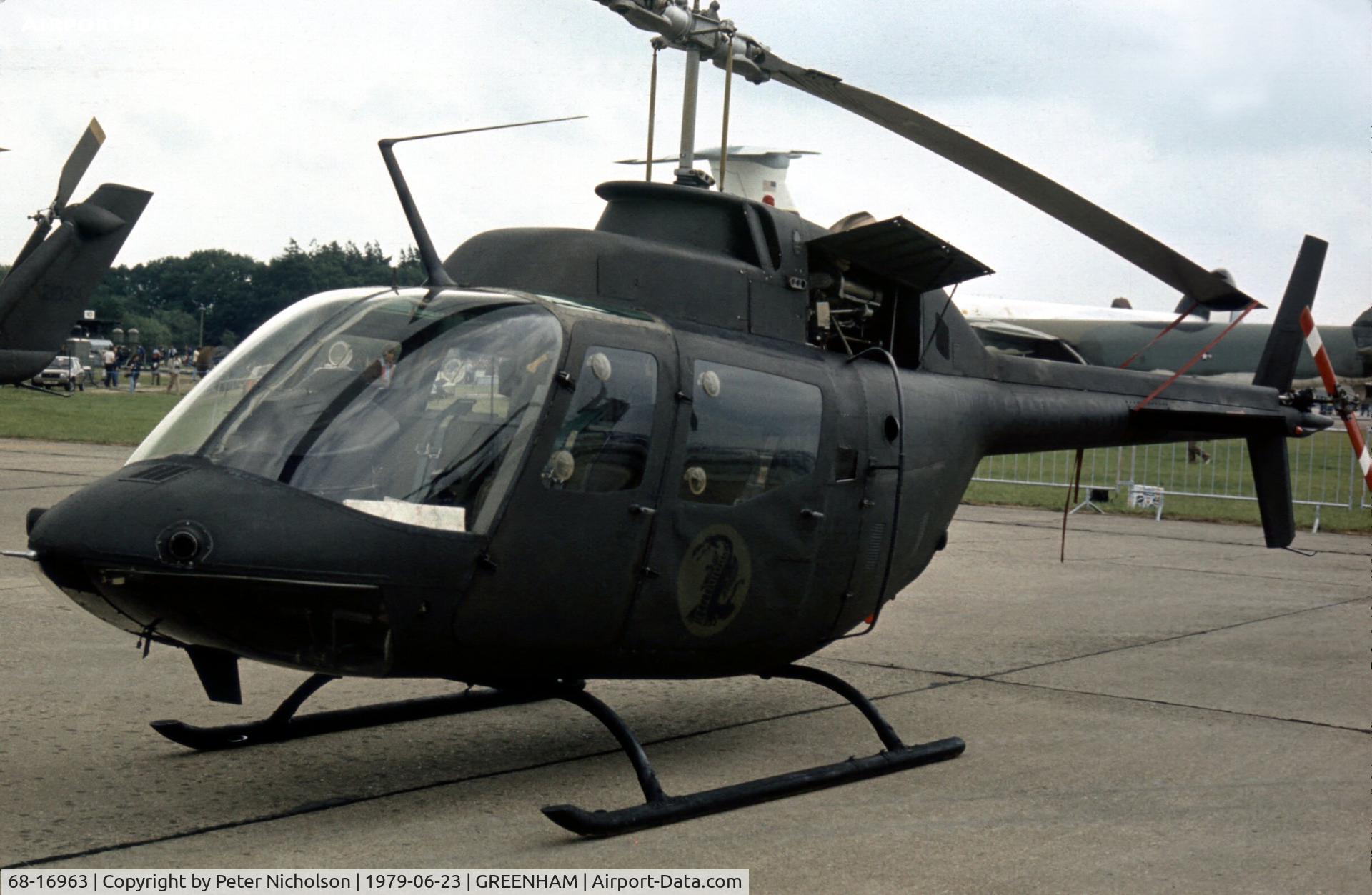68-16963, 1968 Bell OH-58A Kiowa C/N 40277, OH-58A Kiowa  of the US Army's 503rd Aviation Company on display at the 1979 Intnl Air Tattoo at RAF Greenham Common.