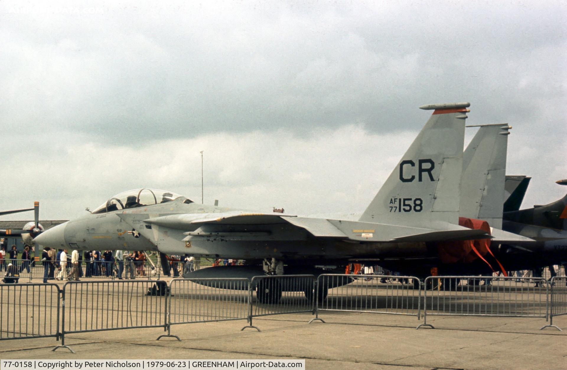 77-0158, 1977 McDonnell Douglas F-15B Eagle C/N 0373/B049, Another view of the 32nd Tactical Fighter Squadron's F-15B Eagle at the 1979 Intnl Air Tattoo at RAF Greenham Common.