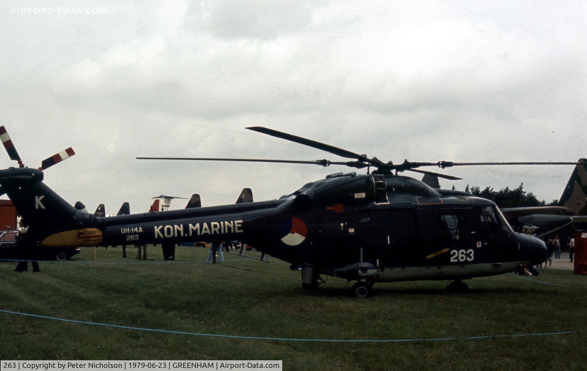 263, 1977 Westland Lynx UH-14A C/N 020, This Search & Rescue version of the Lynx of 7 Squadron Royal Netherlands Navy was displayed at the 1979 Intnl Air Tattoo at RAF Greenham Common.