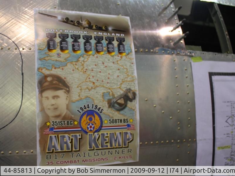 44-85813, 1944 Boeing B-17G Flying Fortress C/N 8722, A tribute to Art Kemp, B17 tail gunner credited with shooting down two German fighters minutes apart on the same mission.