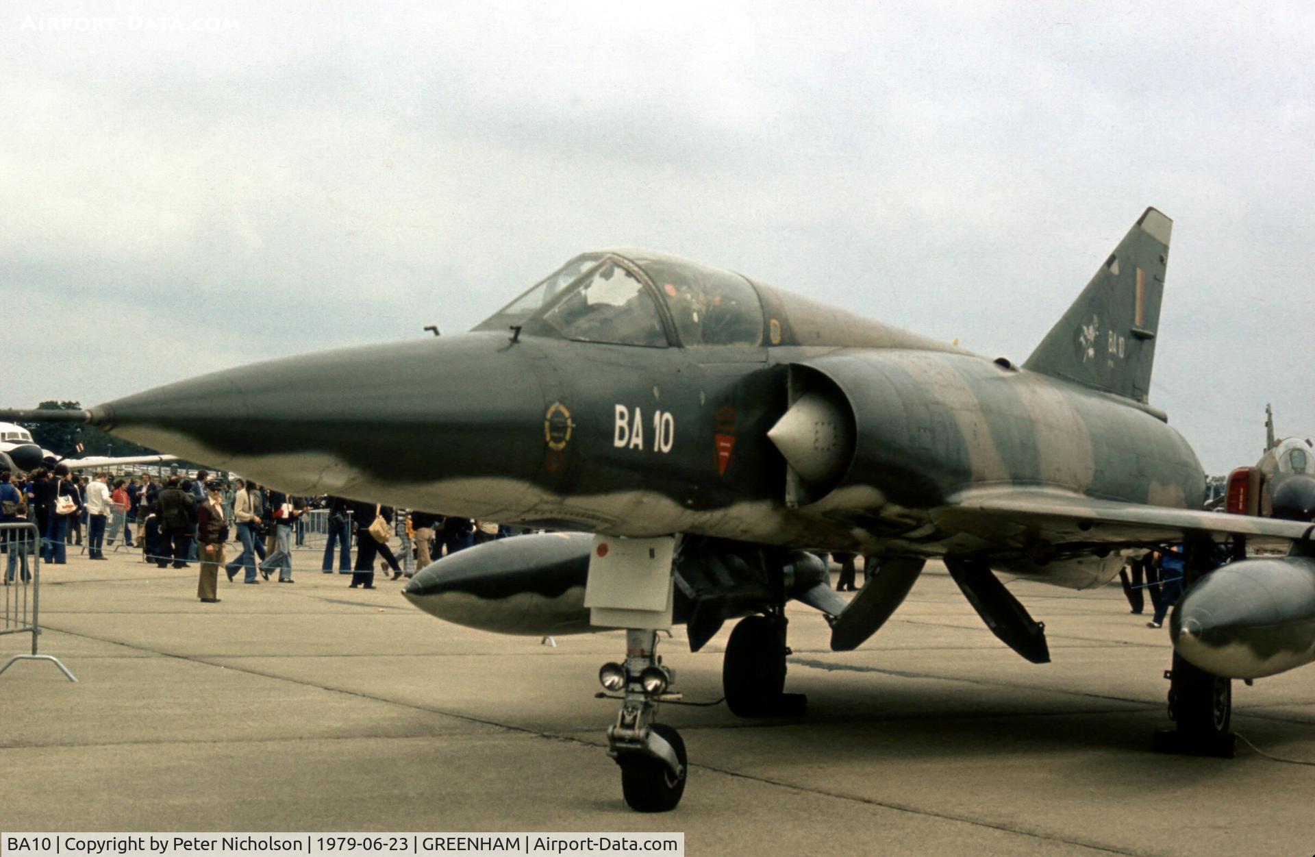 BA10, SABCA Mirage 5BA C/N 10, Mirage 5BA of 3 Wing Belgian Air Force at the 1979 Intnl Air Tattoo at RAF Greenham Common.