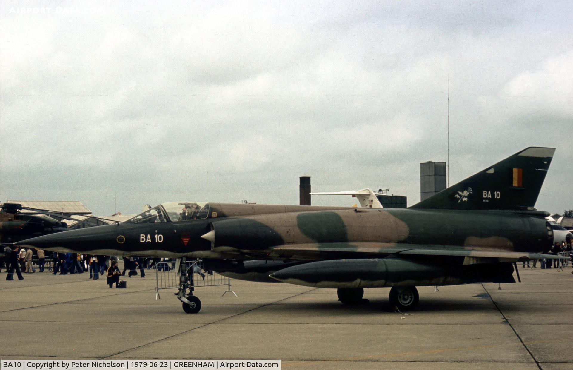 BA10, SABCA Mirage 5BA C/N 10, Another view of the Belgian Air Force's 3 Wing Mirage 5BA at the 1979 Intnl Air Tattoo at RAF Greenham Common.