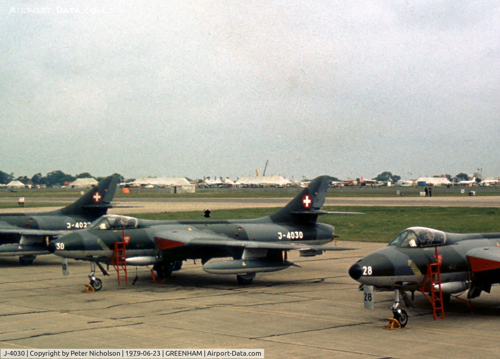 J-4030, 1958 Hawker Hunter F.58 C/N 41H-697397, Hunter F.58 of the Patrouille Suisse display team at the 1979 Intnl Air Tattoo at RAF Greenham Common.