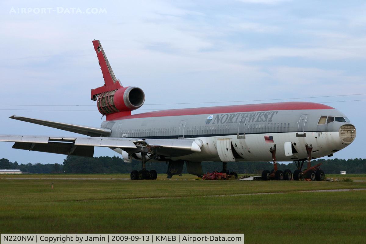 N220NW, 1973 Douglas DC-10-30 C/N 46577, No longer a valid registration, even though it looks like N2201, it's actually because the other part of the N and the W have been painted over.  Sorry about the powerline but this was the best shot I could get of this very well-used aircraft.