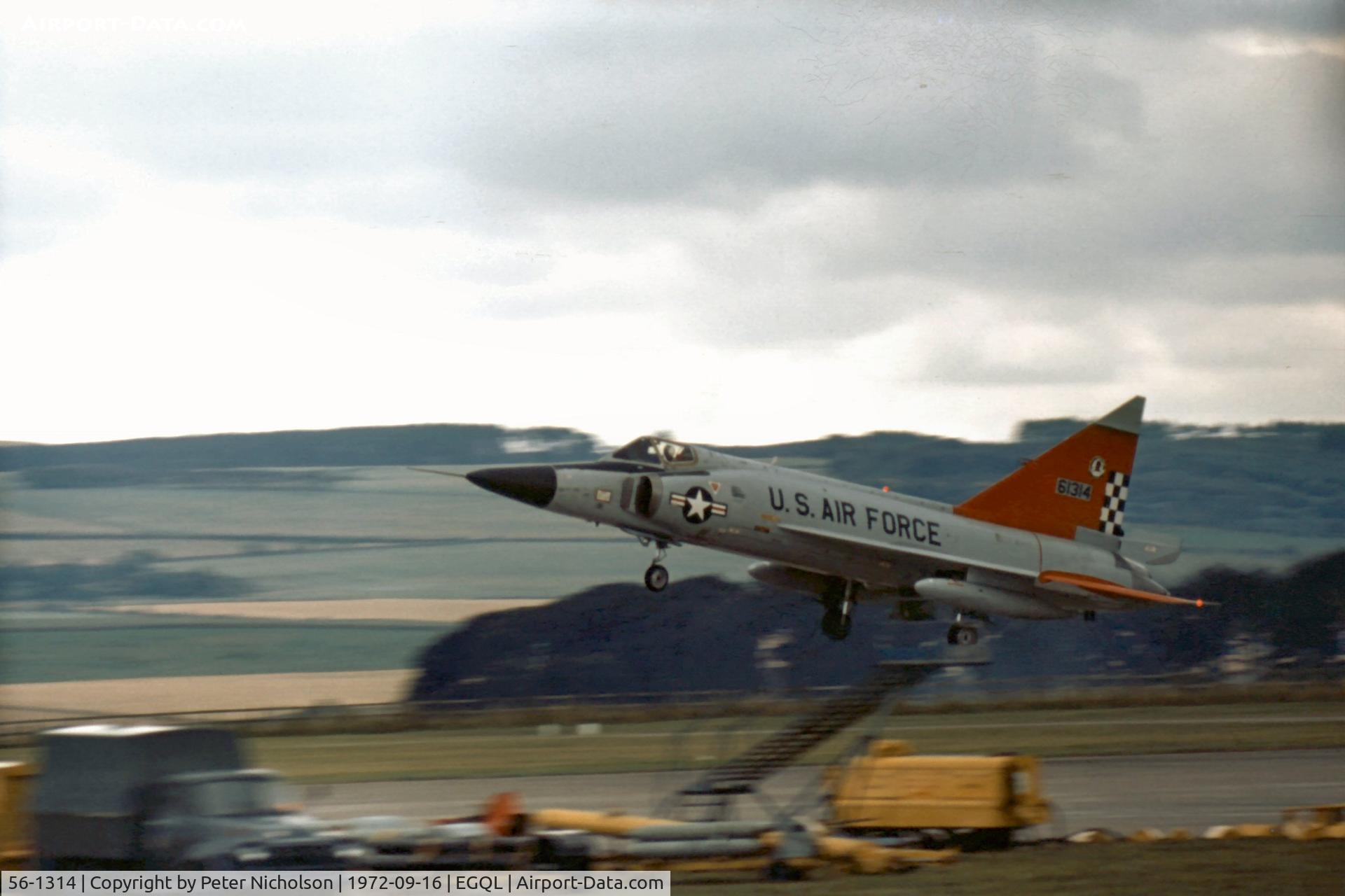 56-1314, 1956 Convair F-102A Delta Dagger C/N Not found 56-1314, F-102A Delta Dagger of 57th Fighter Interceptor Squadron arriving for the 1972 RAF Leuchars Airshow.