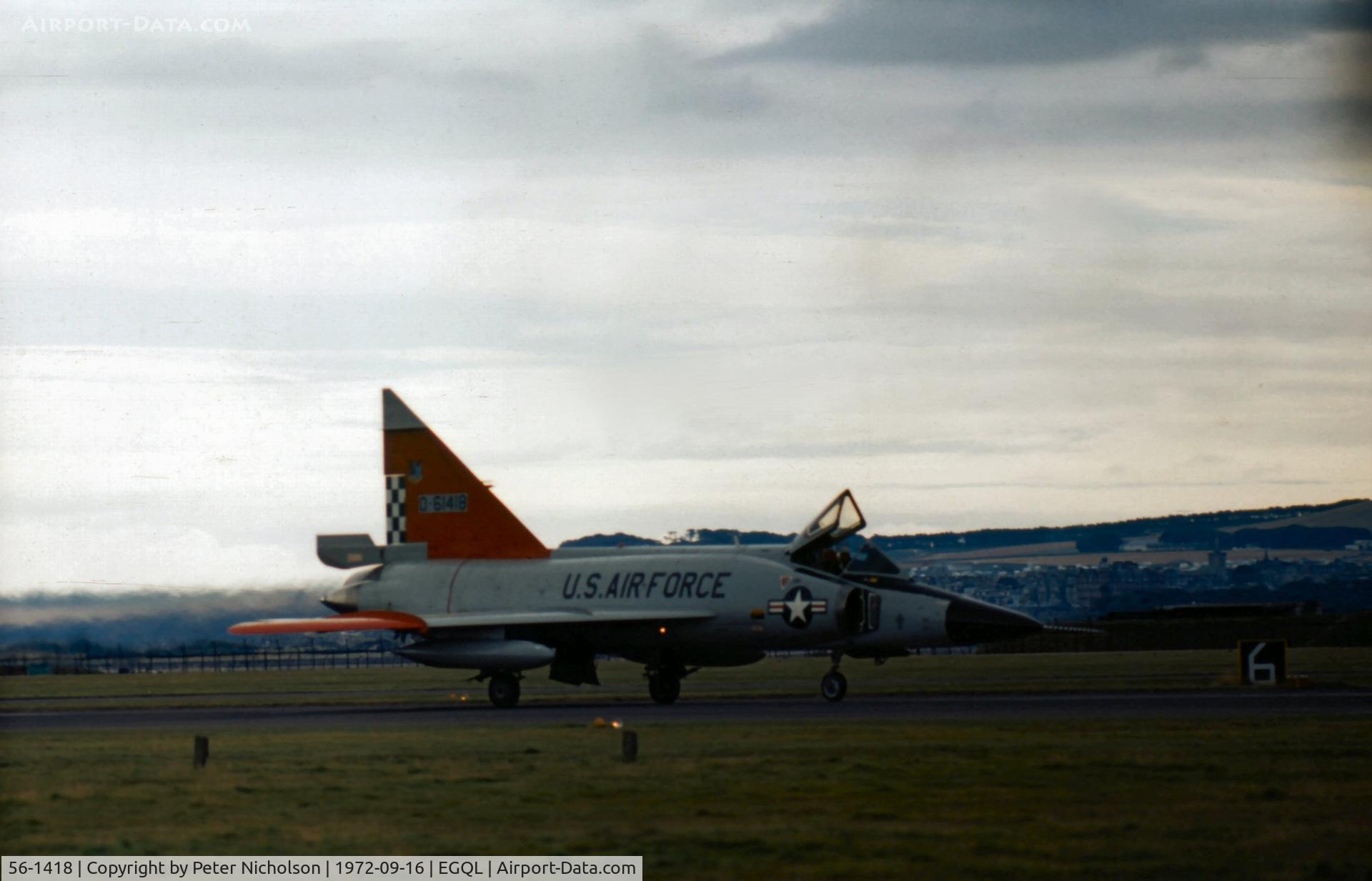 56-1418, 1956 Convair F-102A Delta Dagger C/N Not found 56-1418, F-102A Delta Dagger of 57th Fighter Interceptor Squadron taxying in for the 1972 RAF Leuchars Airshow.