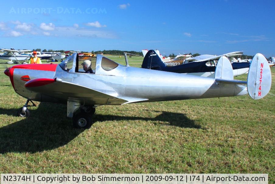 N2374H, 1946 Erco 415C Ercoupe C/N 2999, Departing the MERFI fly-in, Urbana, Ohio.
