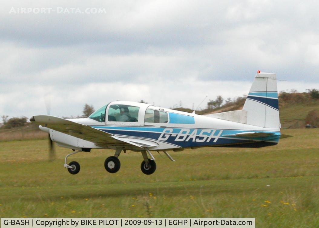 G-BASH, 1973 Grumman American AA-5 Traveler C/N AA5-0319, RESIDENT AA-5 DEPARTING RWY 03. PREV. REG. EI-AWV. POPHAM RUSSIAN AIRCRAFT FLY-IN