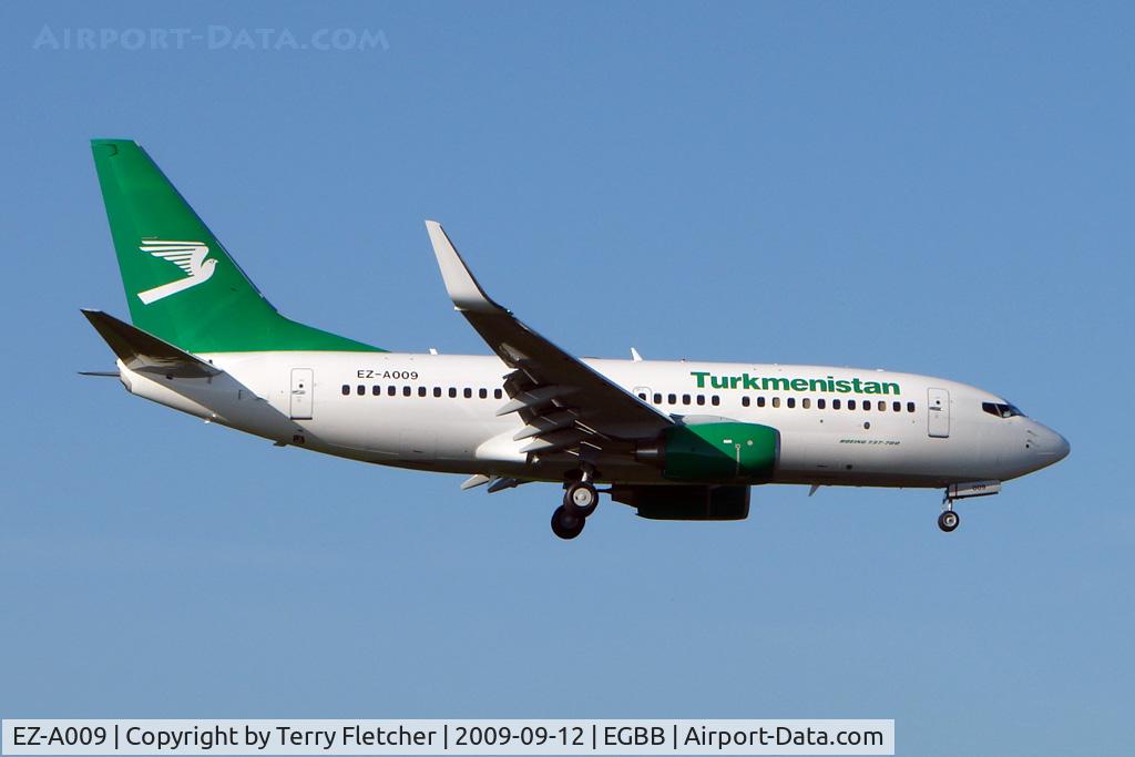 EZ-A009, 2009 Boeing 737-7GL C/N 37235, Turkmenistan Airlines B737 arrives at Birmingham UK on its delivery flight from Seattle Boeing Field via Goose Bay