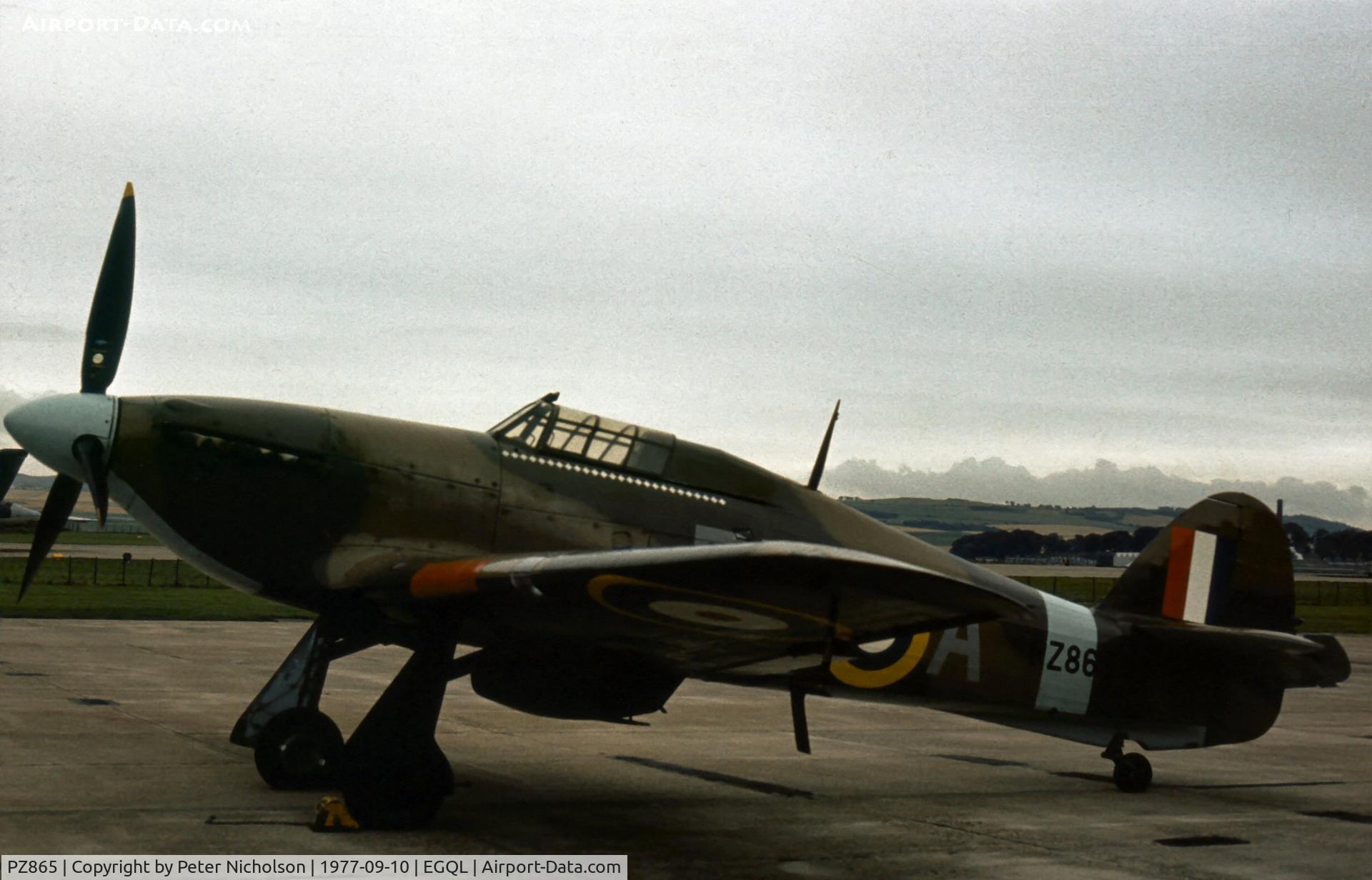 PZ865, 1944 Hawker Hurricane IIC C/N PZ865, Hurricane IIC of the Battle of Britain Memorial Flight at the 1977 RAF Leuchars Airshow.