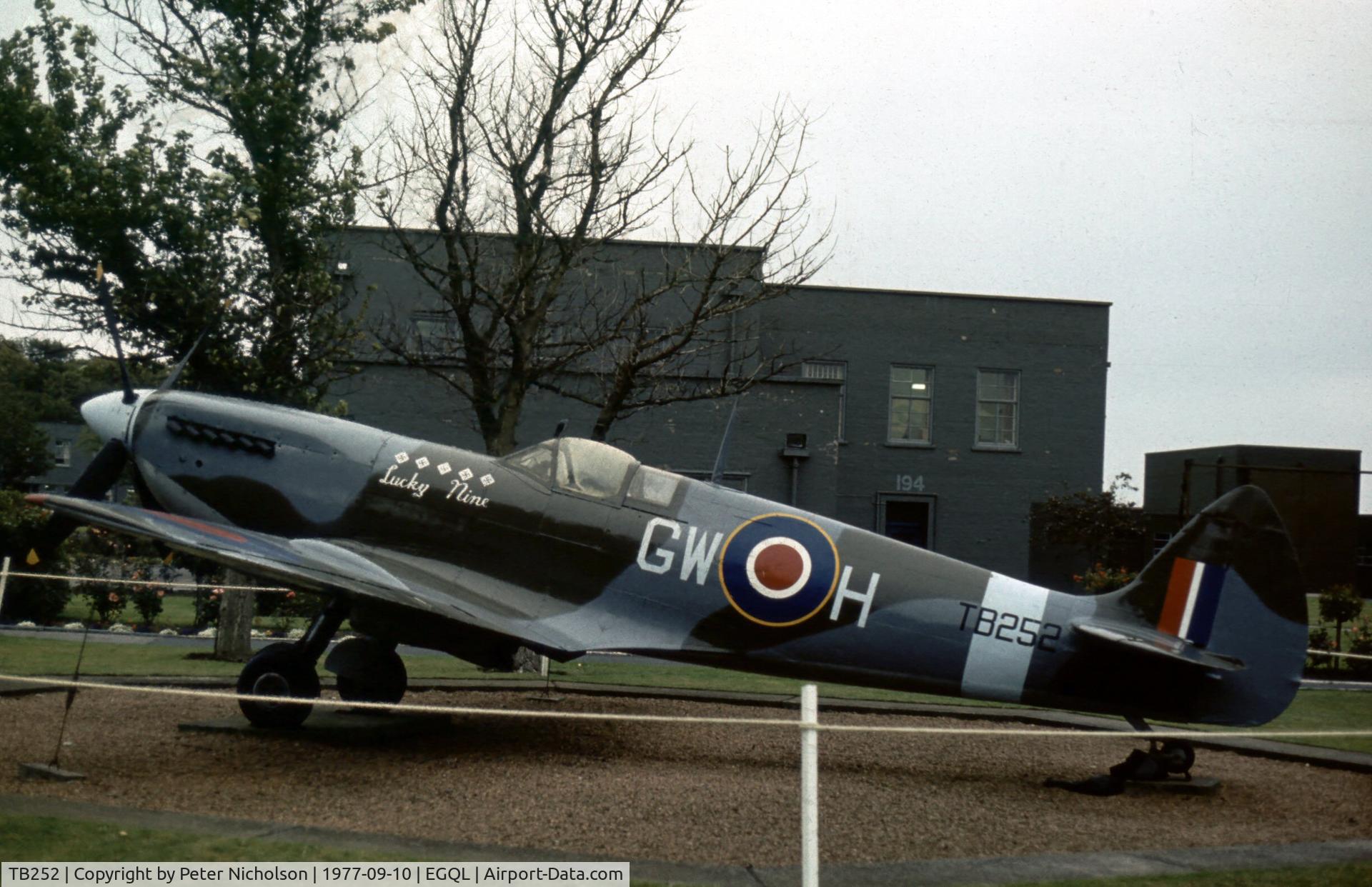 TB252, Supermarine 361 Spitfire LF.XVIe C/N CBAF.IX.3807, Spitfire LF.XVIe named Lucky Nine was the gate guardian at the 1977 RAF Leuchars Airshow.