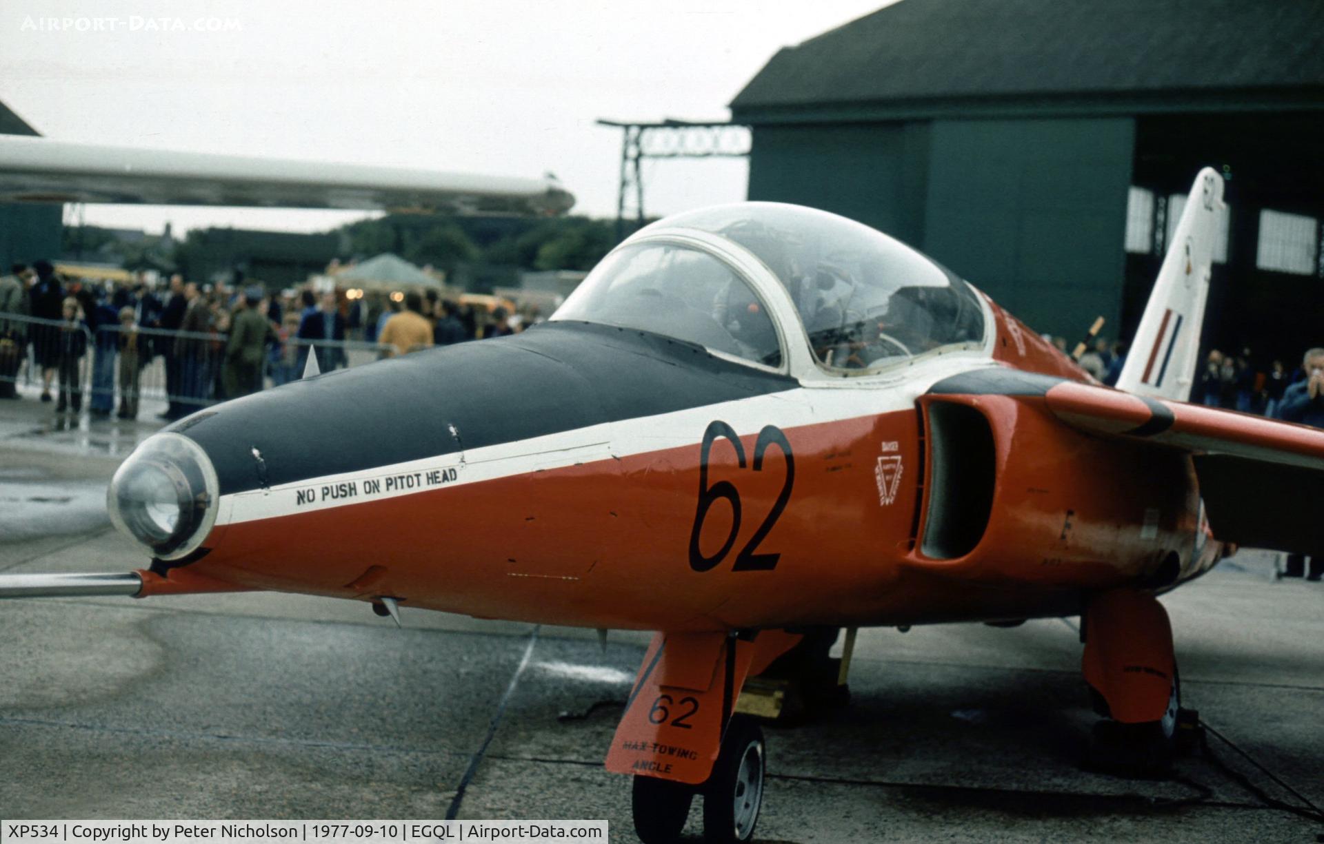 XP534, 1963 Hawker Siddeley Gnat T.1 C/N FL536, Gnat T.1 of 4 Flying Training School in the static park of the 1977 RAF Leuchars Airshow.